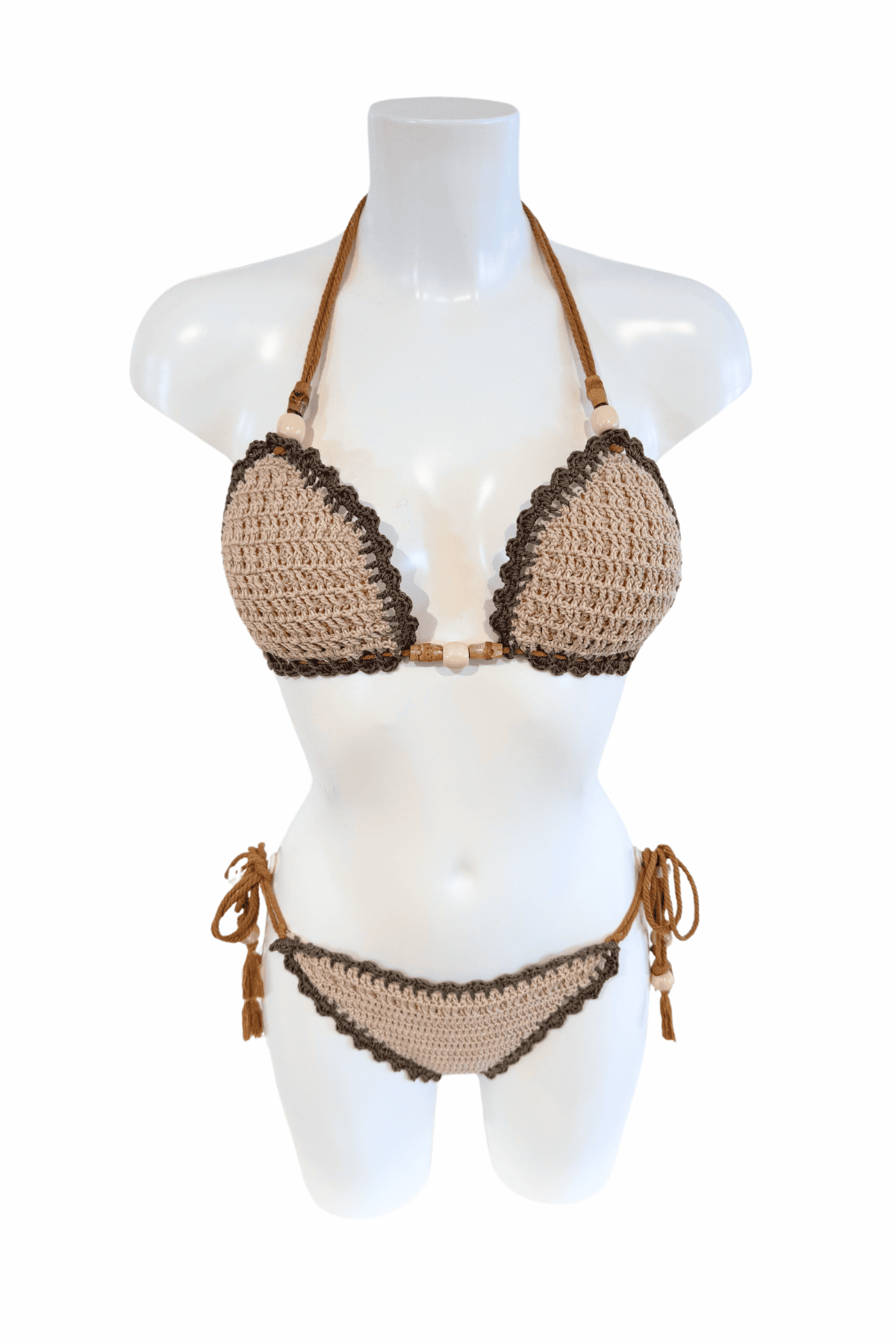 Sand luxury crochet bikini, designed and handmade in Switzerland by RA LIVING – exclusive designer beachwear and swimwear for a stylish summer look.