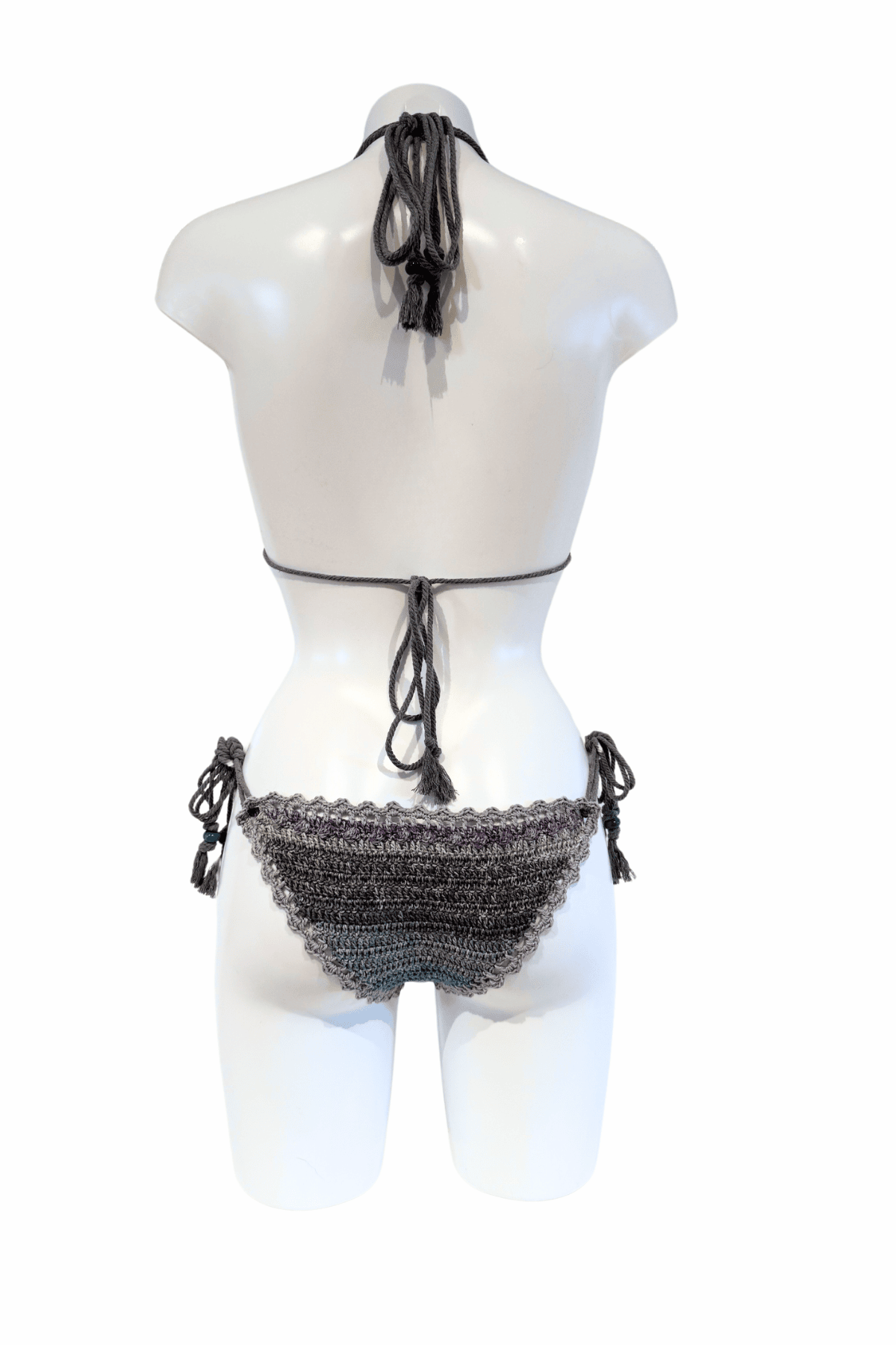 Grey Blue luxury crochet bikini, designed and handmade in Switzerland by RA LIVING – exclusive designer beachwear and swimwear for a stylish summer look.