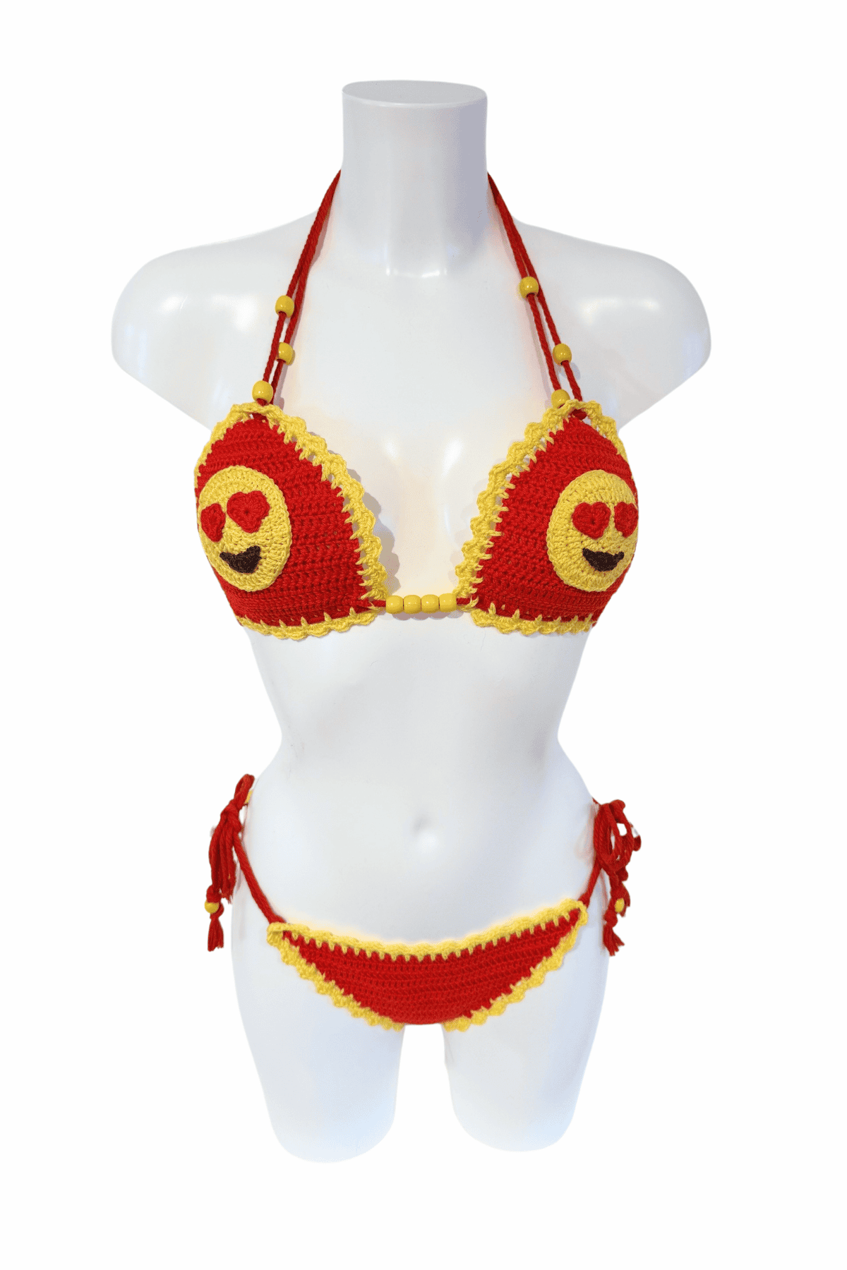 Love Emoji luxury crochet bikini, designed and handmade in Switzerland by RA LIVING – exclusive designer beachwear and swimwear for a stylish summer look.
