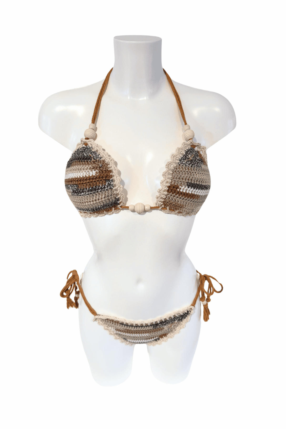 Beige White Mixed luxury crochet bikini, designed and handmade in Switzerland by RA LIVING – exclusive designer beachwear and swimwear for a stylish summer look.