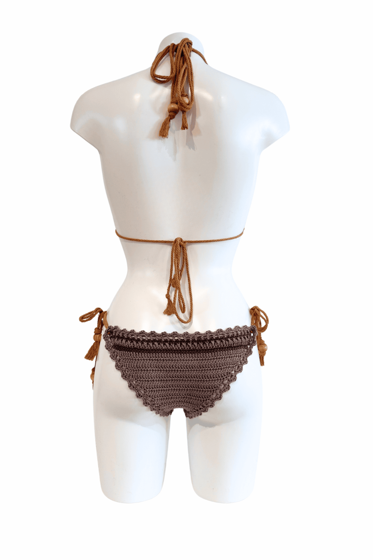 Brown Striped luxury crochet bikini, designed and handmade in Switzerland by RA LIVING – exclusive designer beachwear and swimwear for a stylish summer look.