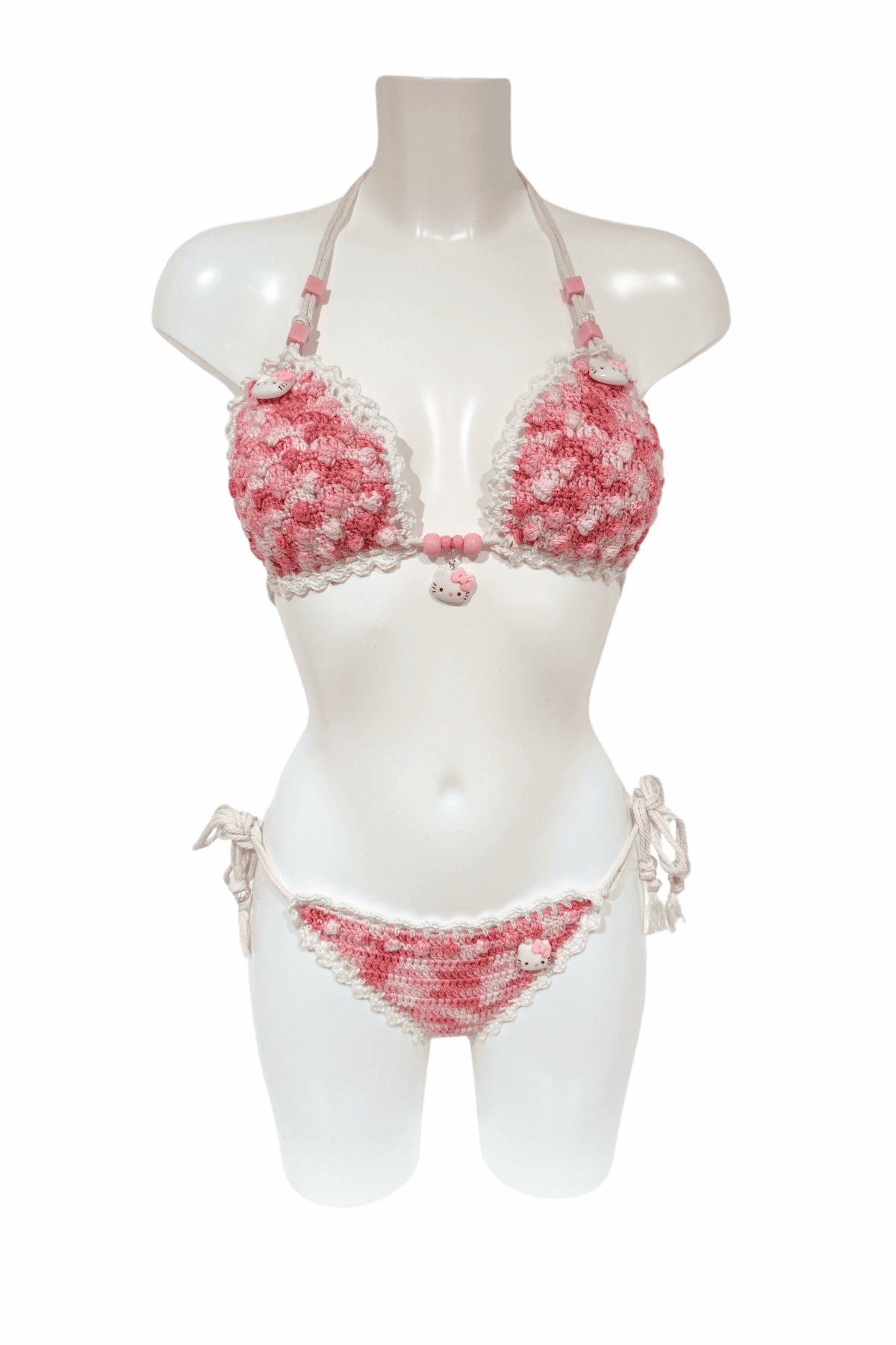 Pink White Hello Kitty luxury crochet bikini, designed and handmade in Switzerland by RA LIVING – exclusive designer beachwear and swimwear for a stylish summer look.
