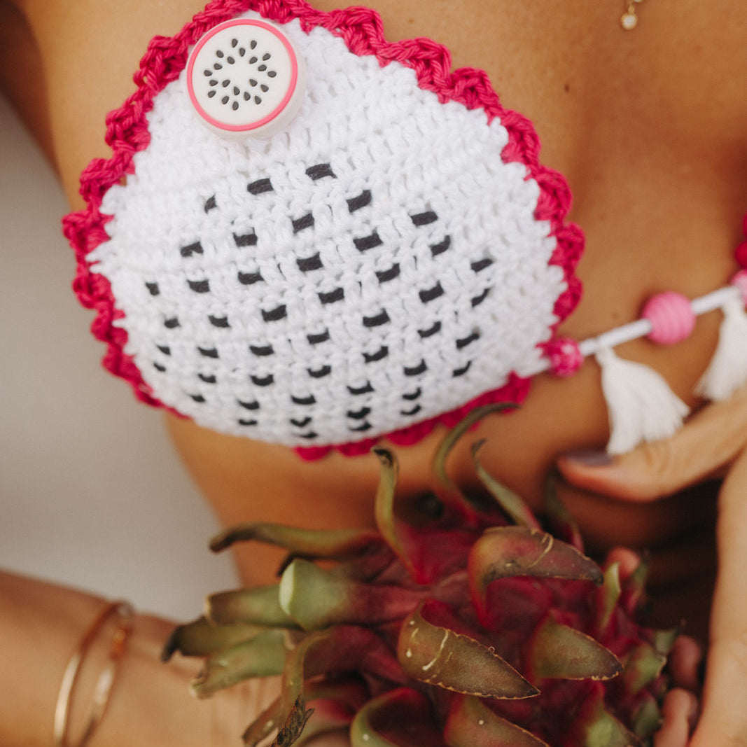 Pink White Dragon Fruit luxury crochet bikini, designed and handmade in Switzerland by RA LIVING – exclusive designer beachwear and swimwear for a stylish summer look.