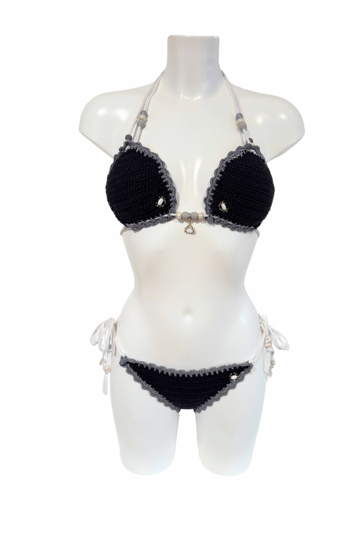 Classic Black Grey luxury crochet bikini, designed and handmade in Switzerland by RA LIVING – exclusive designer beachwear and swimwear for a stylish summer look.