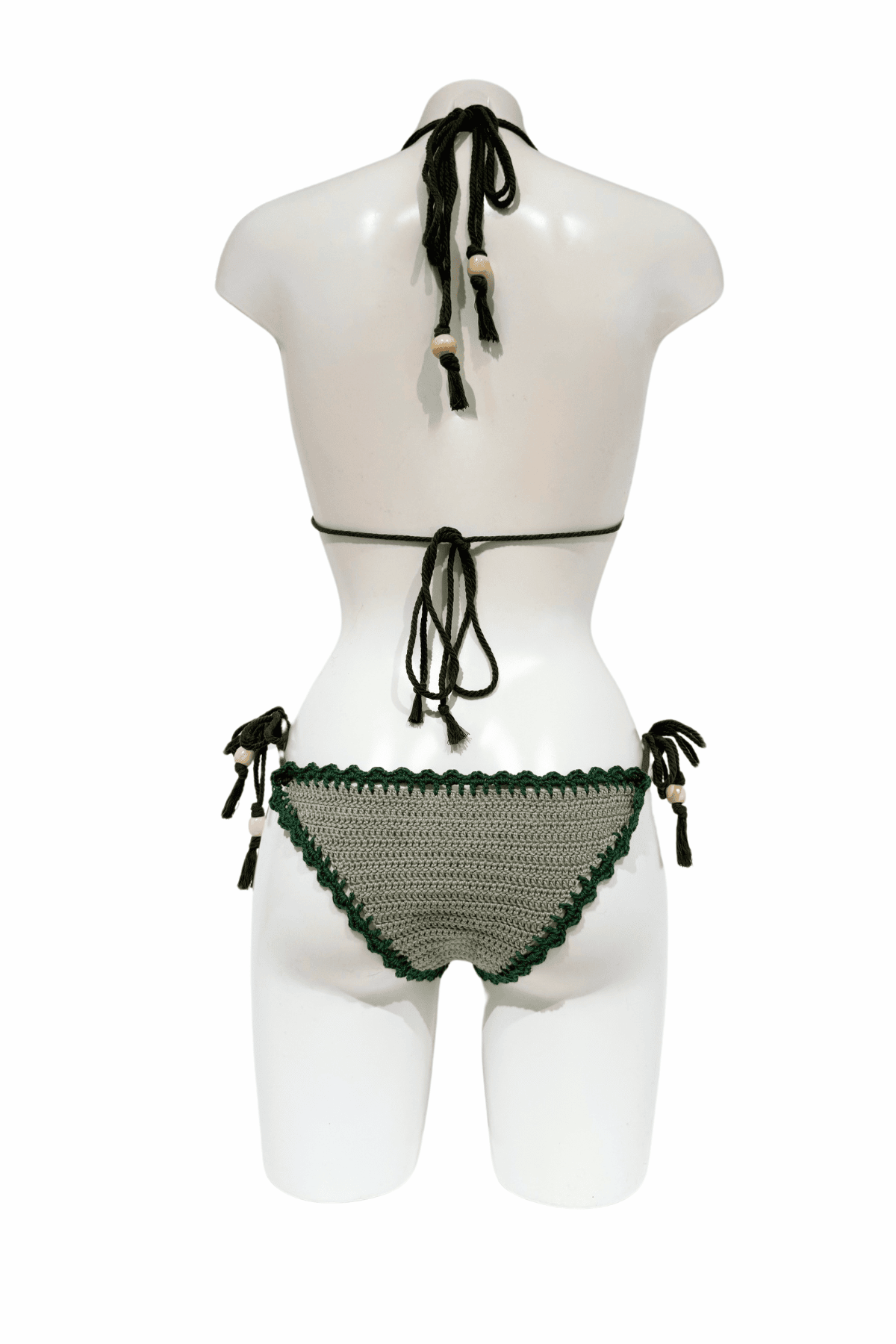 Classic Green luxury crochet bikini, designed and handmade in Switzerland by RA LIVING – exclusive designer beachwear and swimwear for a stylish summer look.