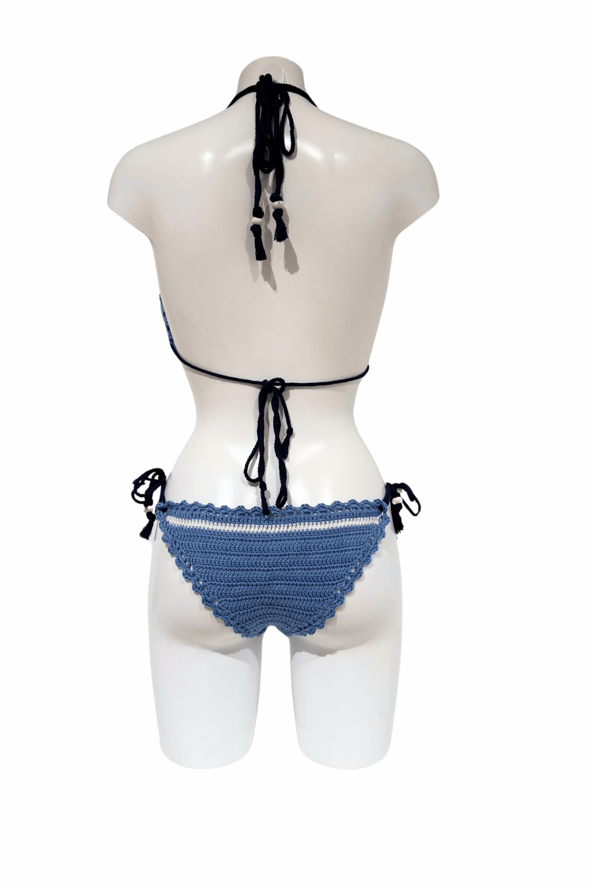 Blue White Nautical luxury crochet bikini, designed and handmade in Switzerland by RA LIVING – exclusive designer beachwear and swimwear for a stylish summer look.