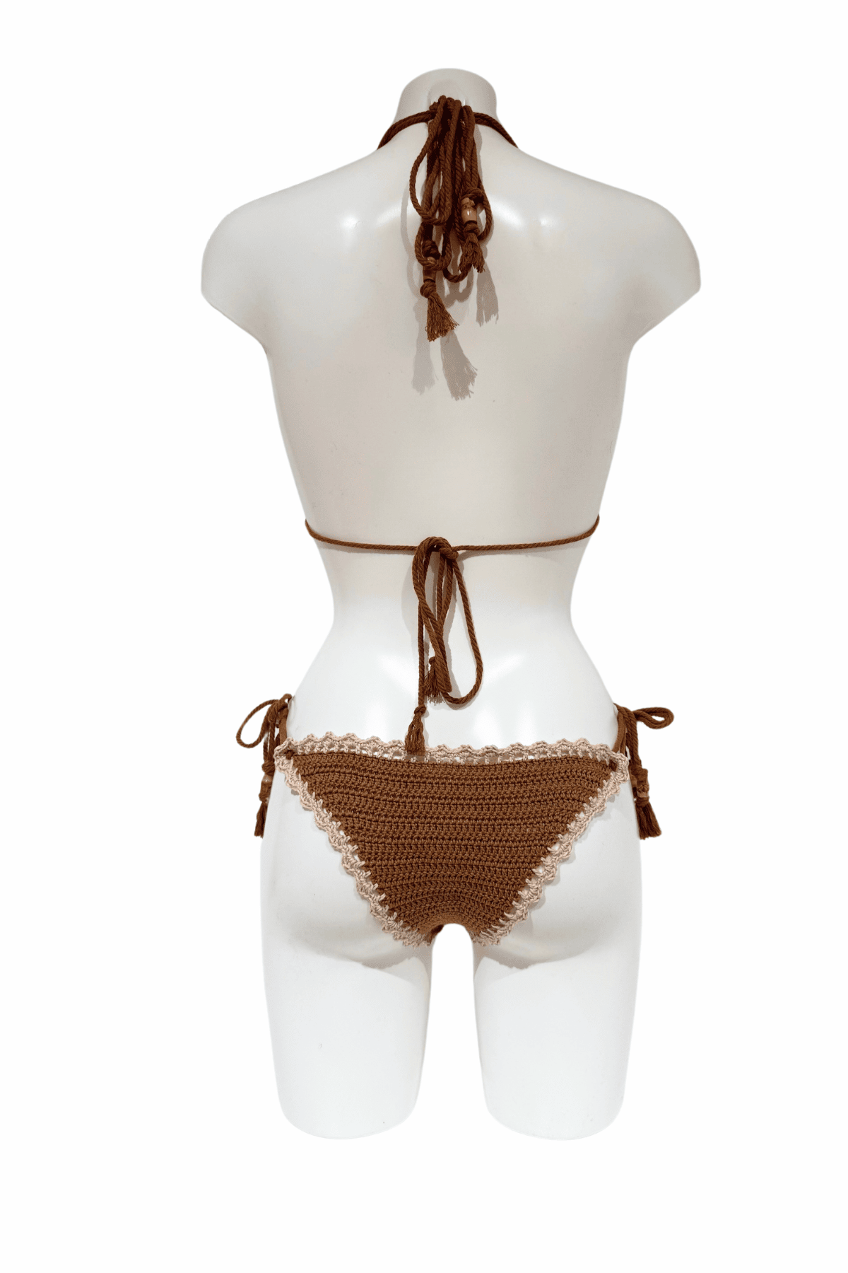 Brown Beige Coffee luxury crochet bikini, designed and handmade in Switzerland by RA LIVING – exclusive designer beachwear and swimwear for a stylish summer look.