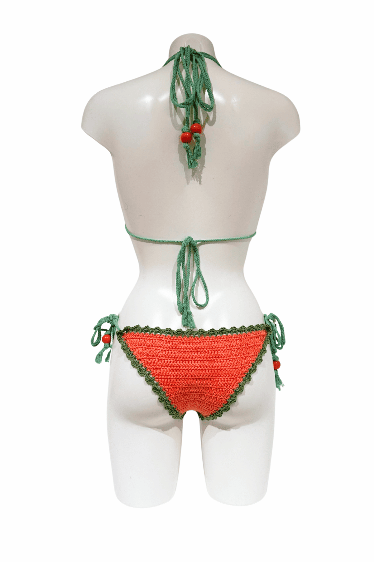 Orange Green luxury crochet bikini, designed and handmade in Switzerland by RA LIVING – exclusive designer beachwear and swimwear for a stylish summer look.