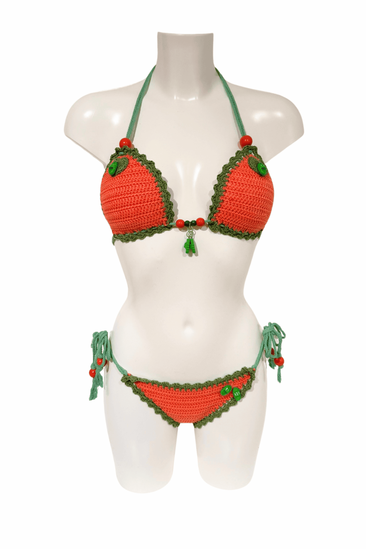 Orange Green luxury crochet bikini, designed and handmade in Switzerland by RA LIVING – exclusive designer beachwear and swimwear for a stylish summer look.
