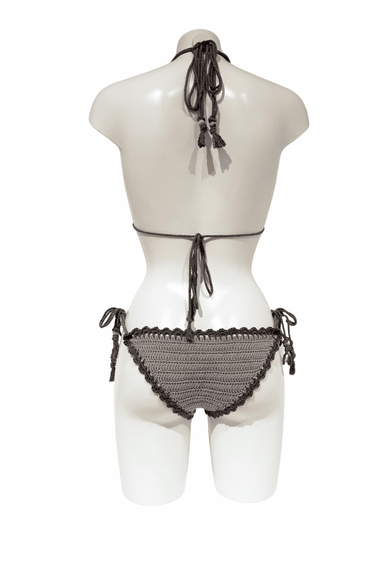 Classic Grey luxury crochet bikini, designed and handmade in Switzerland by RA LIVING – exclusive designer beachwear and swimwear for a stylish summer look.