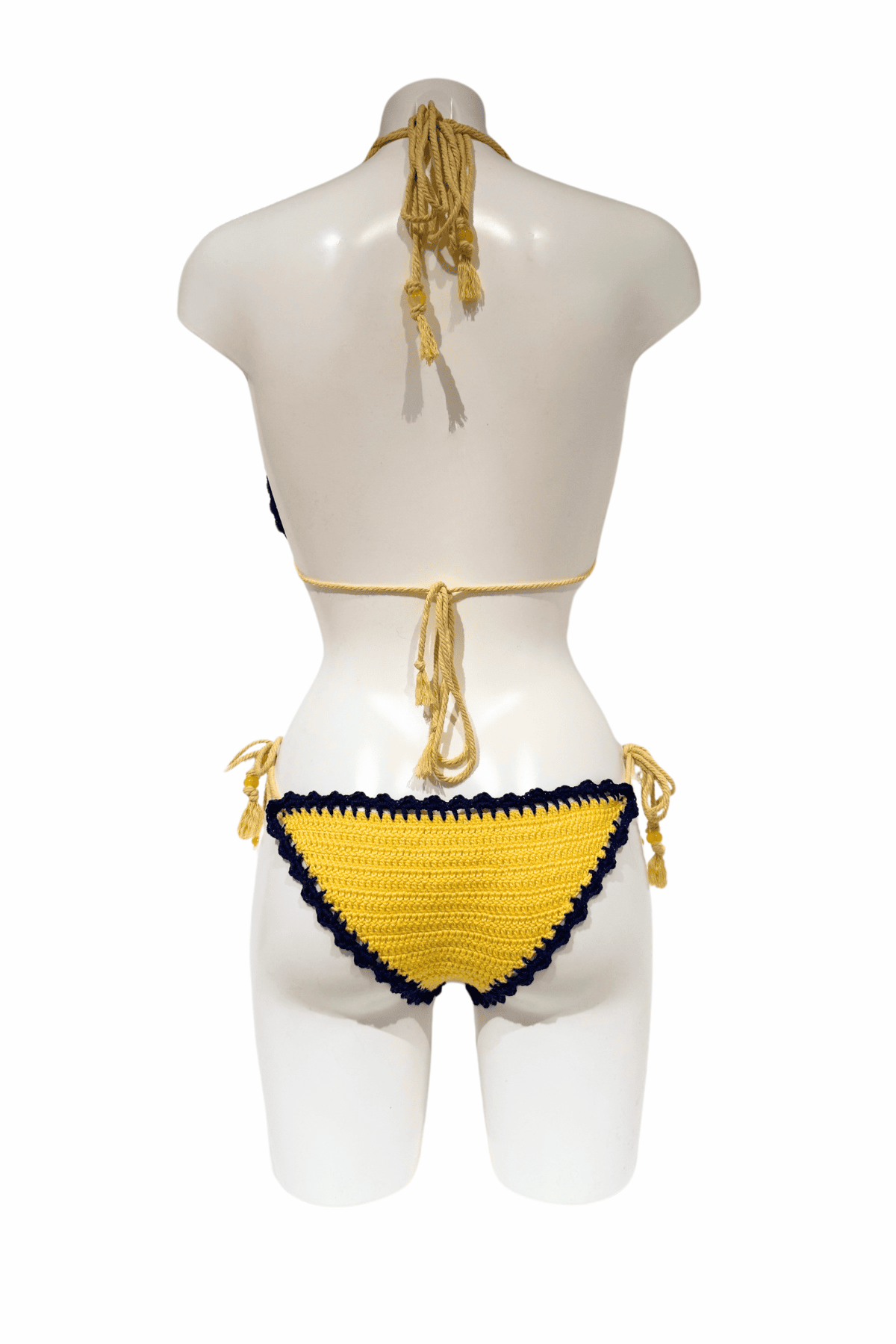 Yellow Blue Airplane luxury crochet bikini, designed and handmade in Switzerland by RA LIVING – exclusive designer beachwear and swimwear for a stylish summer look.