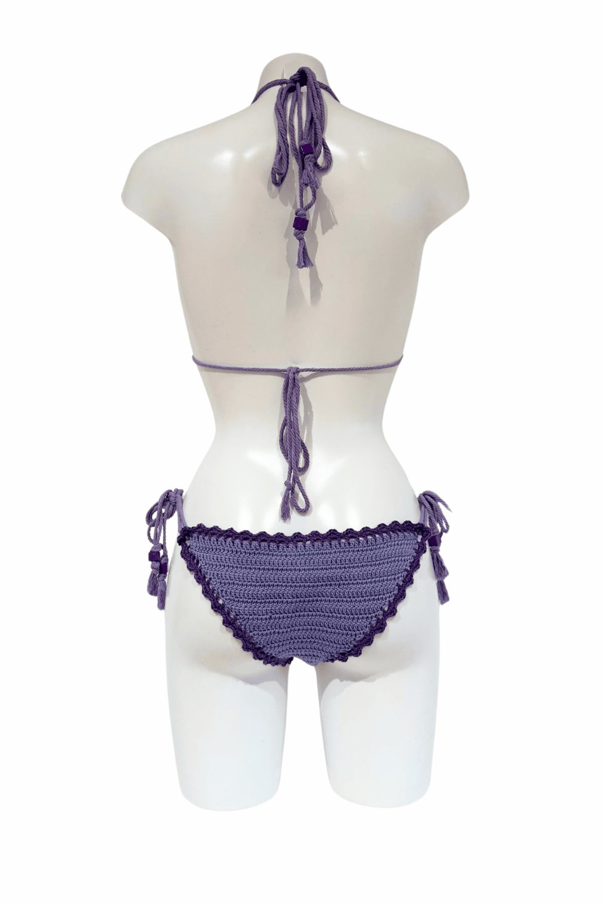 Lila Grape luxury crochet bikini, designed and handmade in Switzerland by RA LIVING – exclusive designer beachwear and swimwear for a stylish summer look.