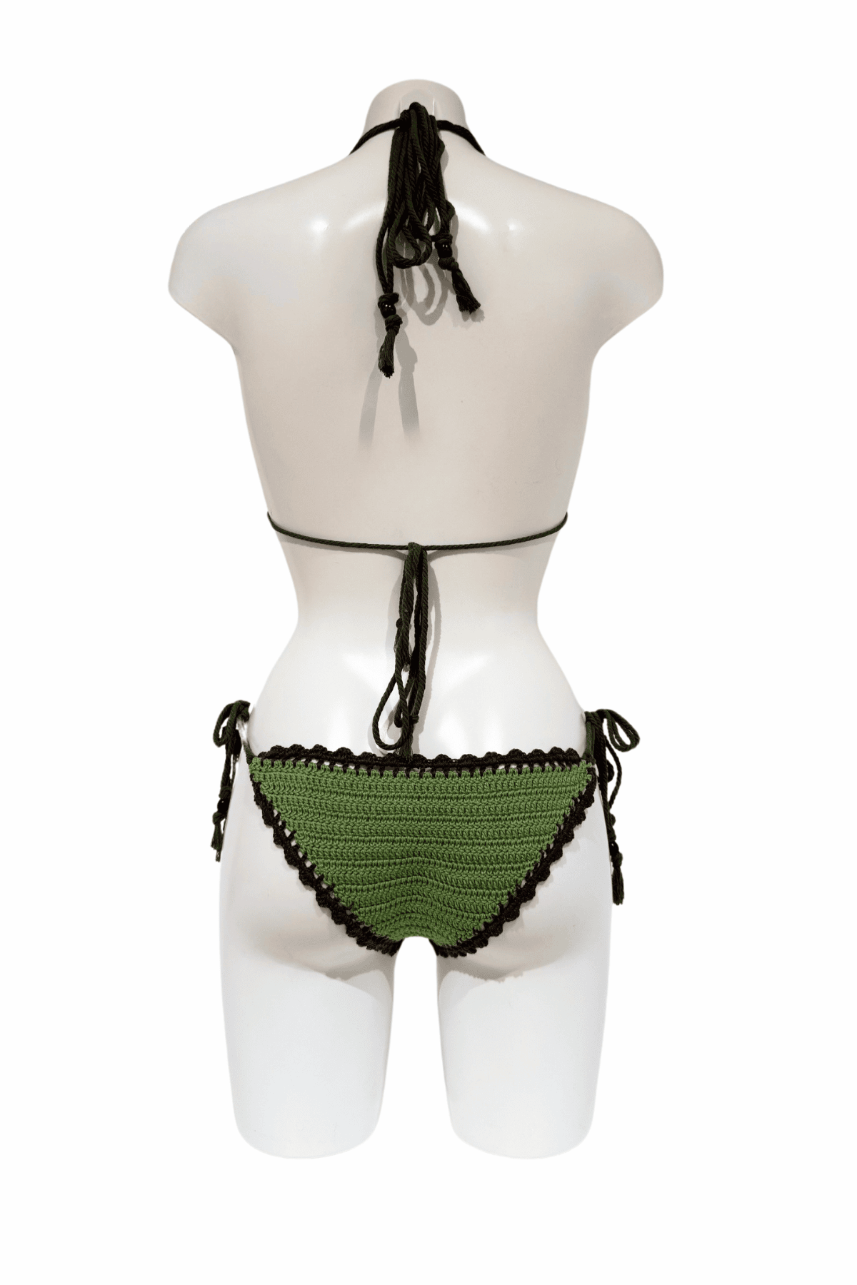 Green Brown luxury crochet bikini, designed and handmade in Switzerland by RA LIVING – exclusive designer beachwear and swimwear for a stylish summer look.