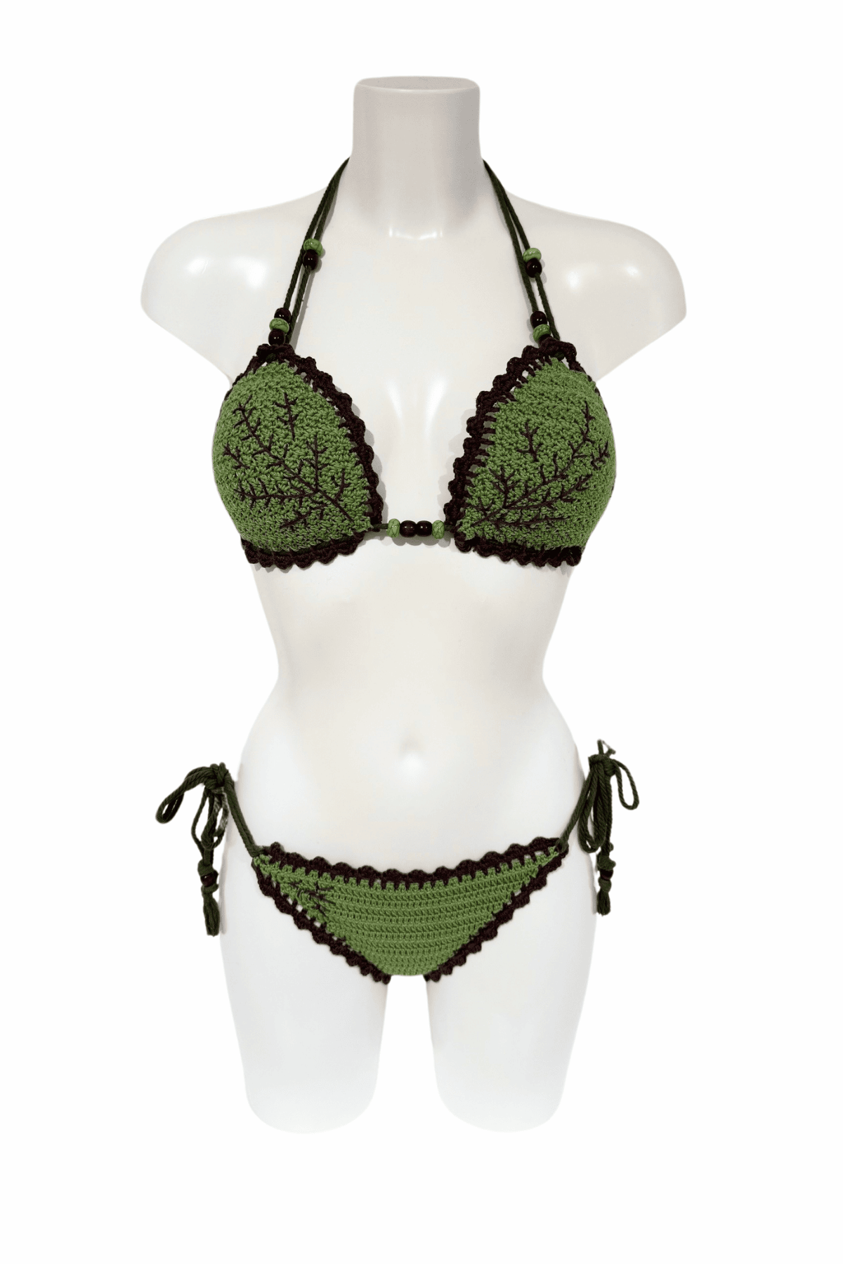 Green Brown Branches luxury crochet bikini, designed and handmade in Switzerland by RA LIVING – exclusive designer beachwear and swimwear for a stylish summer look.