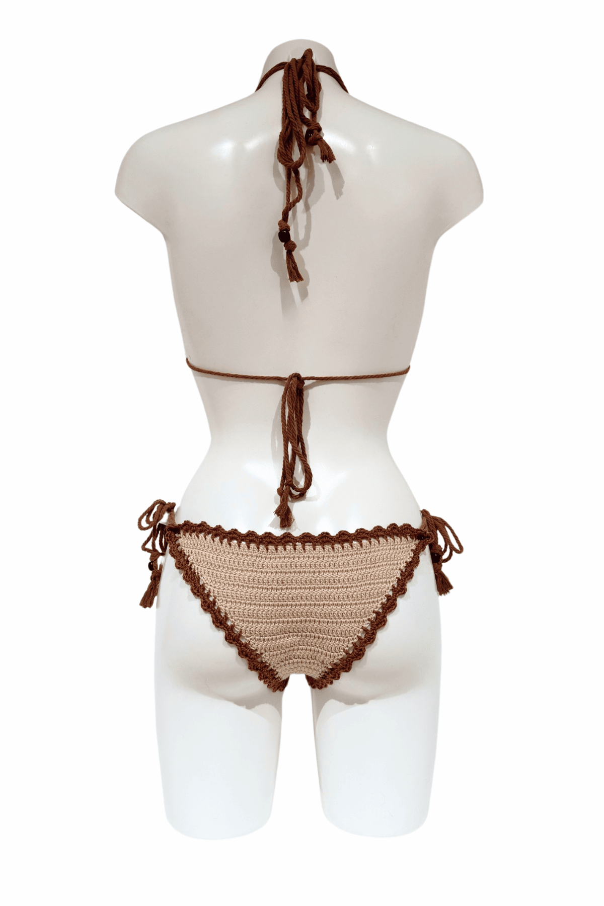 Brow Beige Owl luxury crochet bikini, designed and handmade in Switzerland by RA LIVING – exclusive designer beach and swimwear for a stylish summer look.