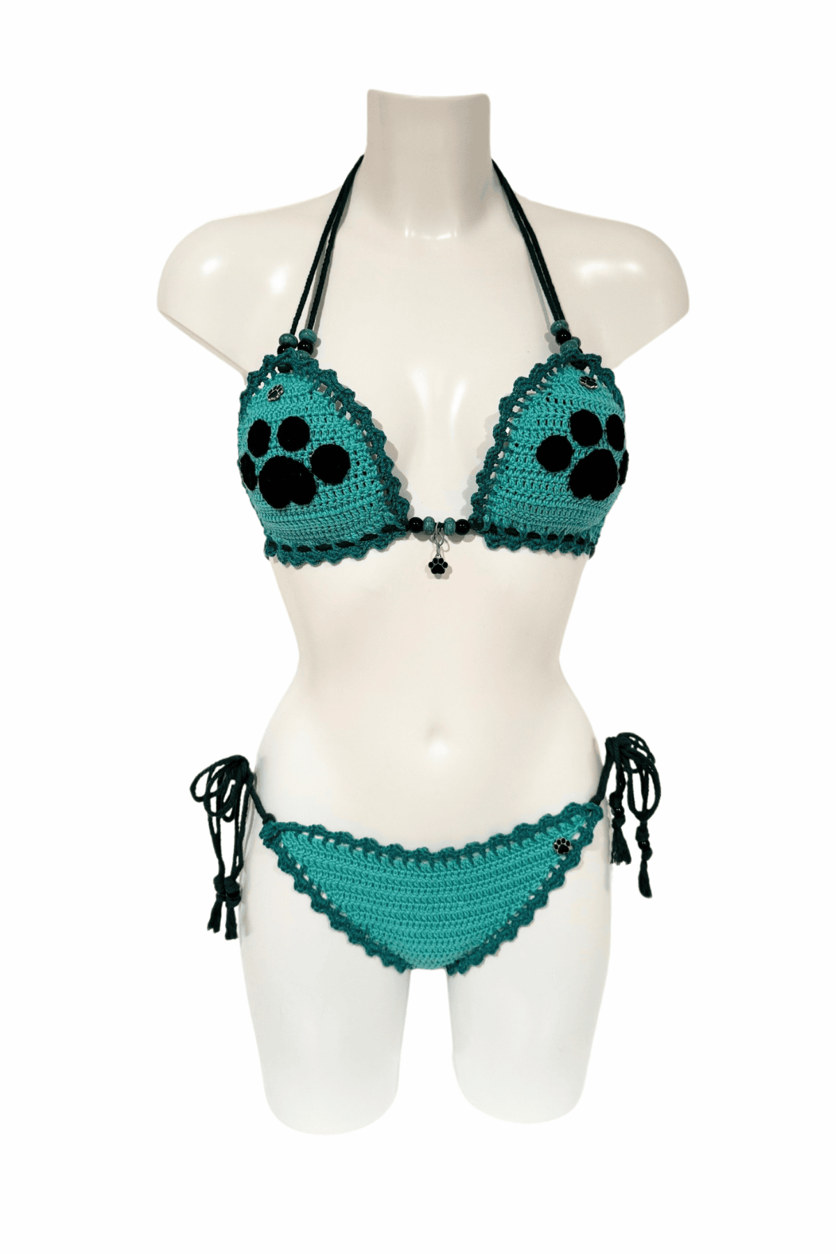 Blue Black Paw luxury crochet bikini, designed and handmade in Switzerland by RA LIVING – exclusive designer beachwear and swimwear for a stylish summer look.