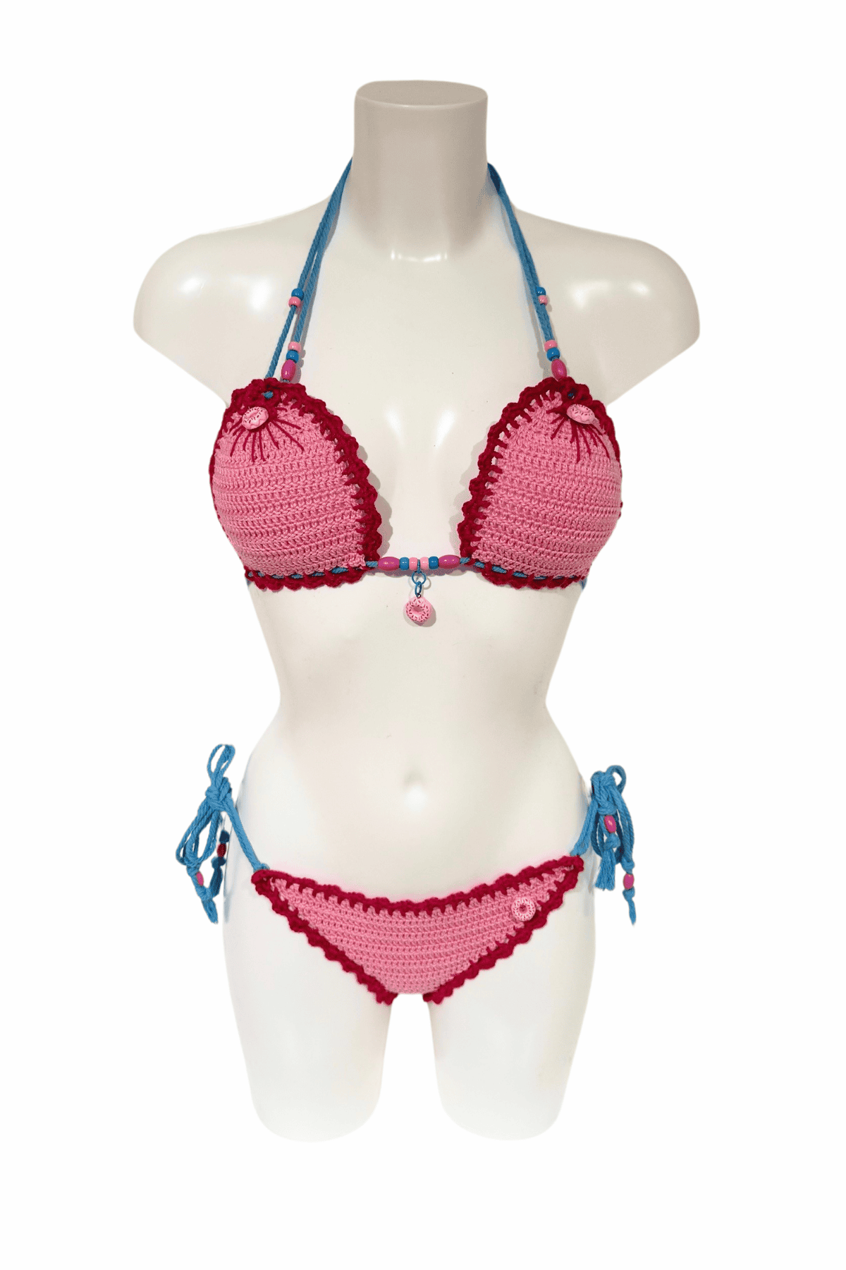 Pink Donout luxury crochet bikini, designed and handmade in Switzerland by RA LIVING – exclusive designer beachwear and swimwear for a stylish summer look.