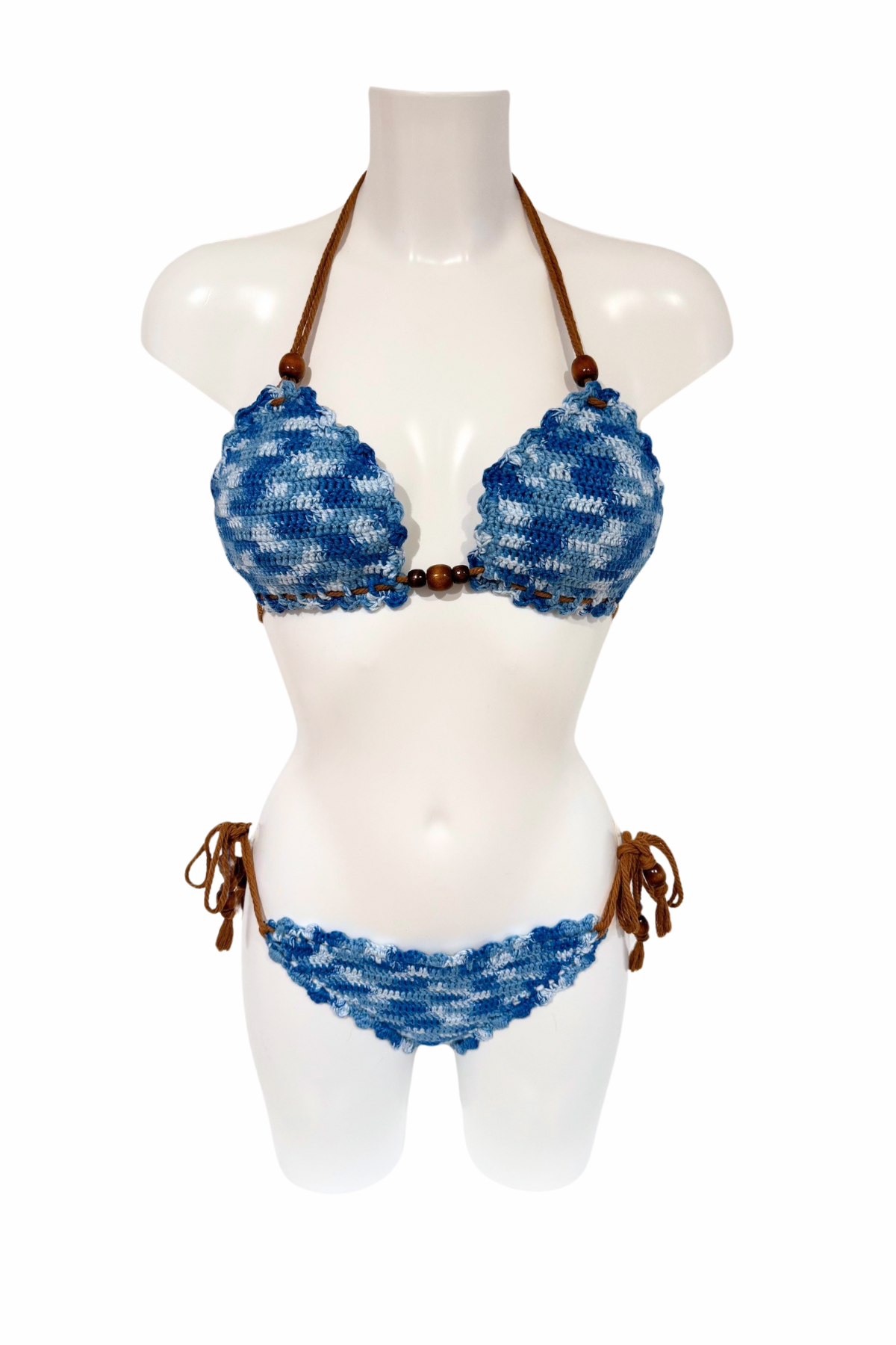 Mixed Blue luxury crochet bikini, designed and handmade in Switzerland by RA LIVING – exclusive designer beachwear and swimwear for a stylish summer look.