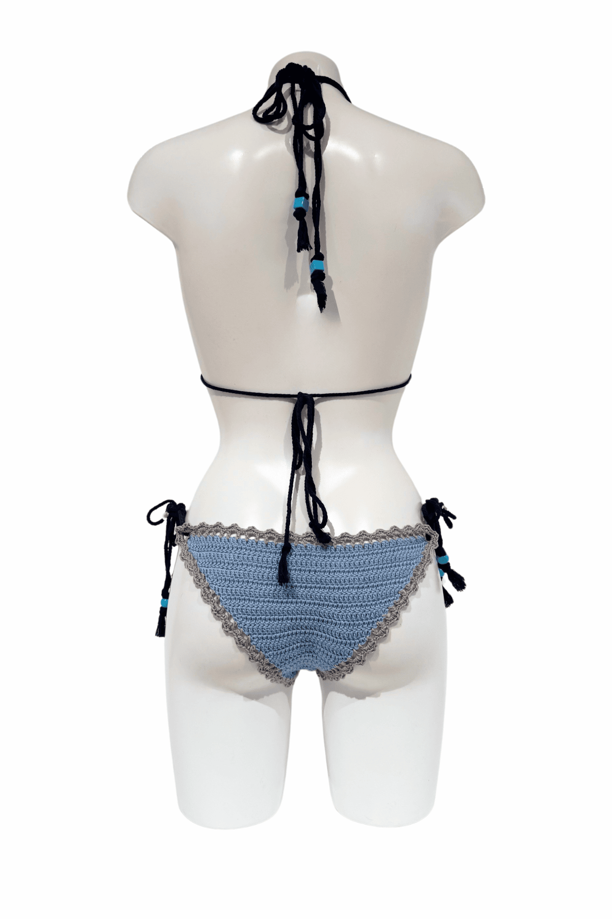 Classic Light Blue luxury crochet bikini, designed and handmade in Switzerland by RA LIVING – exclusive designer beachwear and swimwear for a stylish summer look.