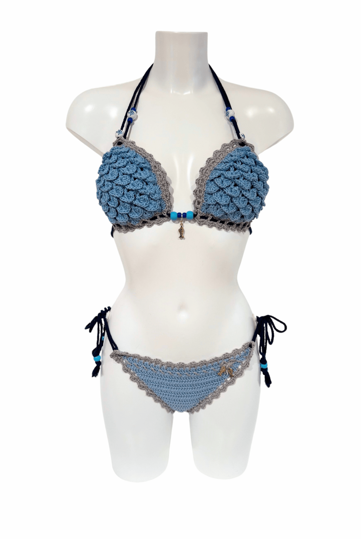 Classic Light Blue luxury crochet bikini, designed and handmade in Switzerland by RA LIVING – exclusive designer beachwear and swimwear for a stylish summer look.