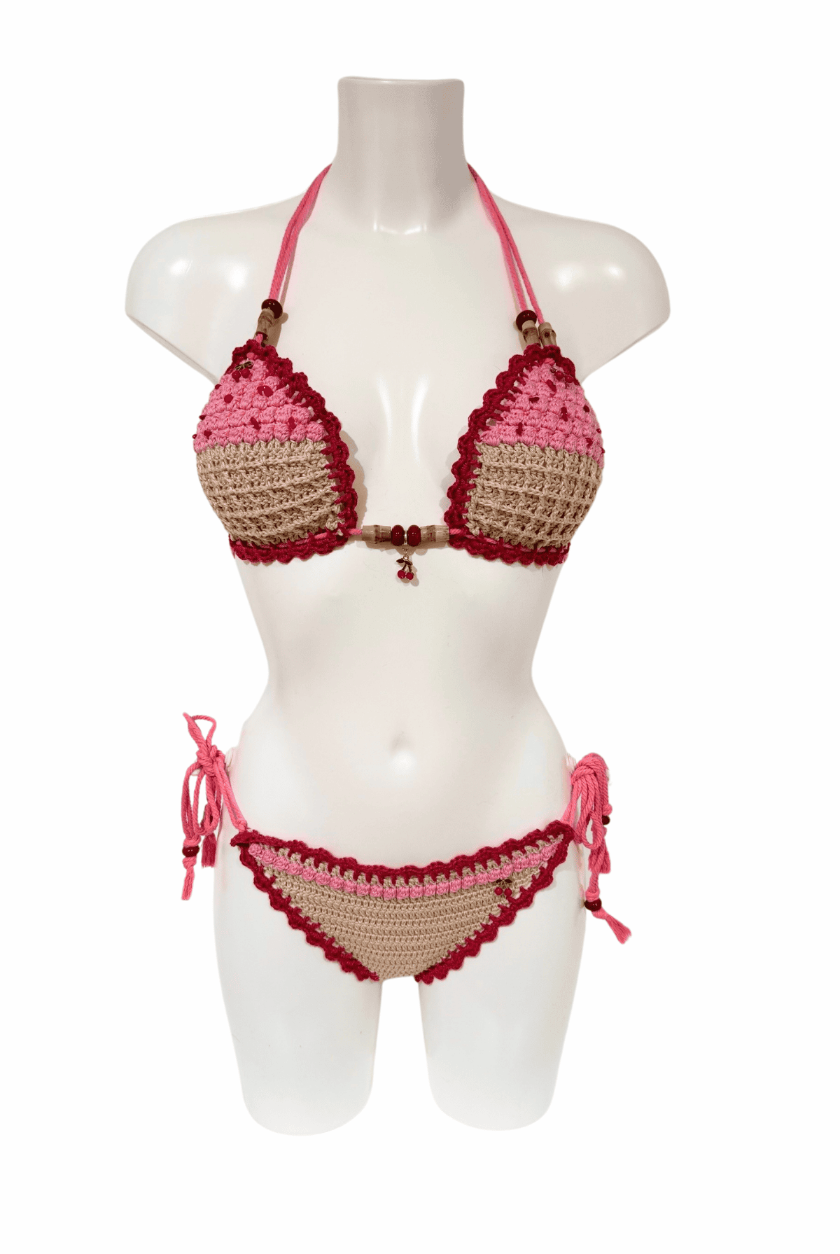 Beige Pink Cupcake luxury crochet bikini, designed and handmade in Switzerland by RA LIVING – exclusive designer beachwear and swimwear for a stylish summer look.