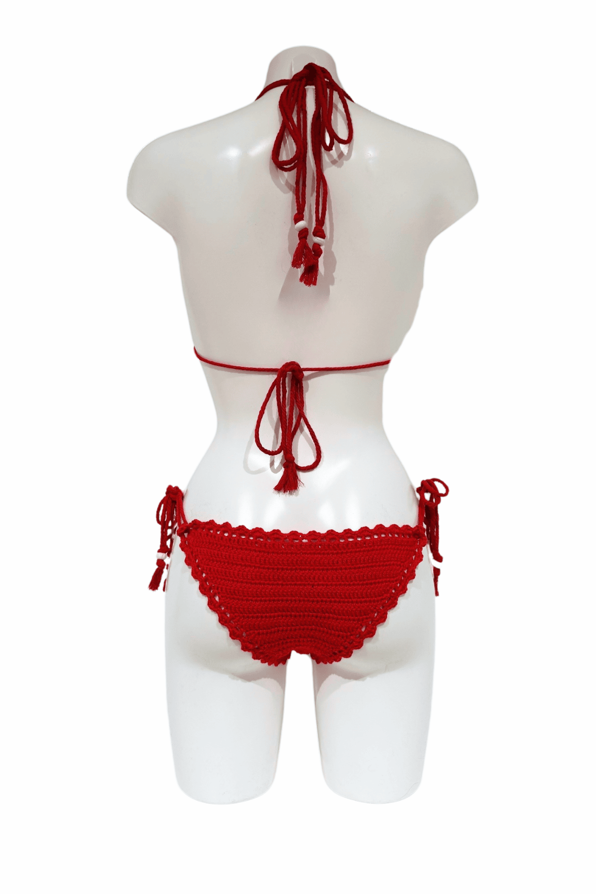 Red White Dot luxury crochet bikini, designed and handmade in Switzerland by RA LIVING – exclusive designer beachwear and swimwear for a stylish summer look.