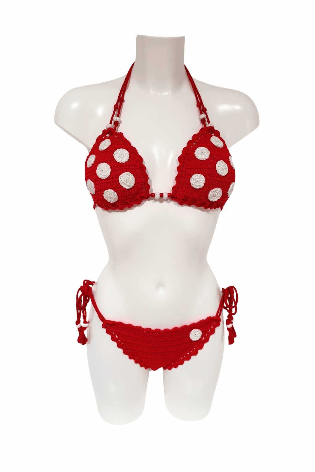 Red White Dots luxury crochet bikini, designed and handmade in Switzerland by RA LIVING – exclusive designer beachwear and swimwear for a stylish summer look.