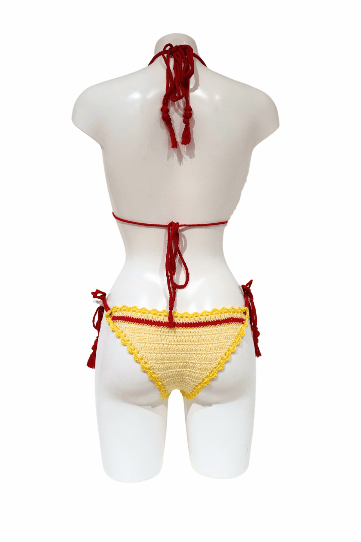 Yellow Red Balloon luxury crochet bikini, designed and handmade in Switzerland by RA LIVING – exclusive designer beachwear and swimwear for a stylish summer look.