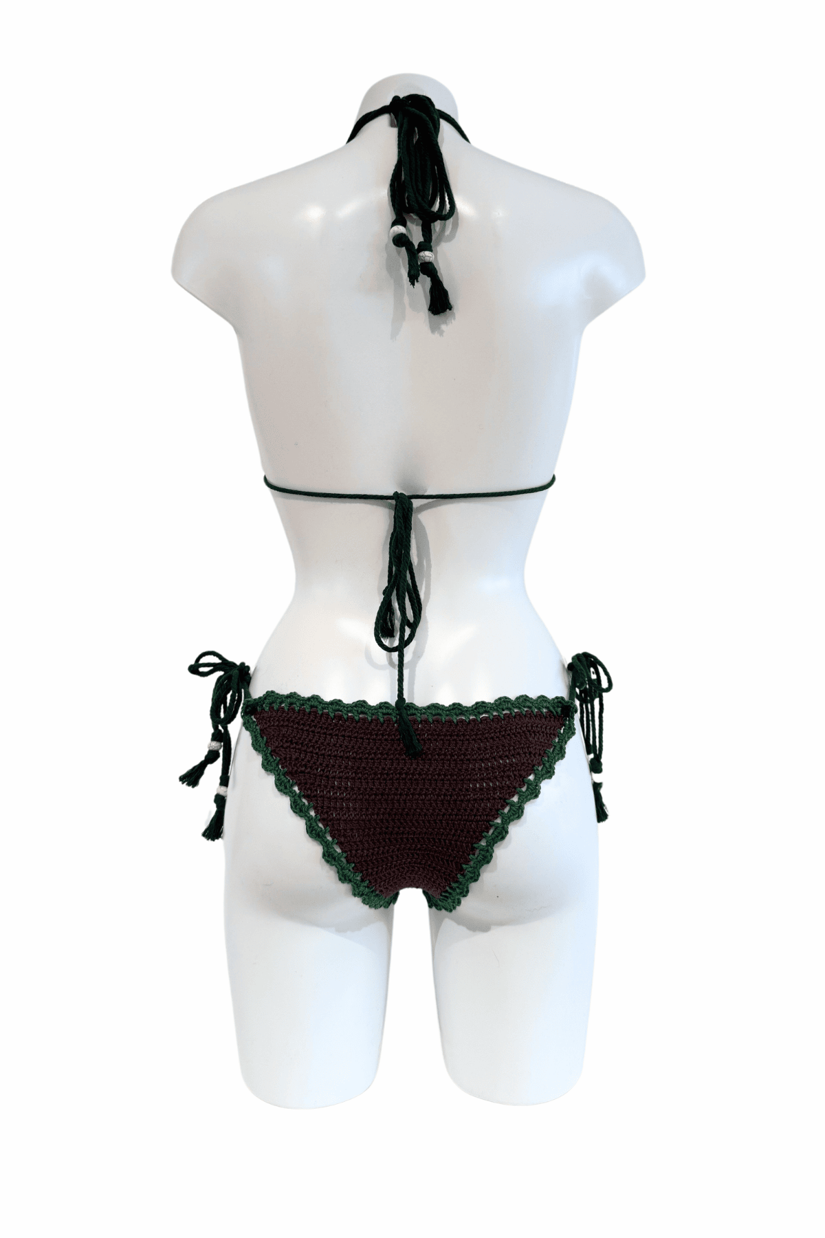 Brown Green Frog luxury crochet bikini, designed and handmade in Switzerland by RA LIVING – exclusive designer beachwear and swimwear for a stylish summer look.