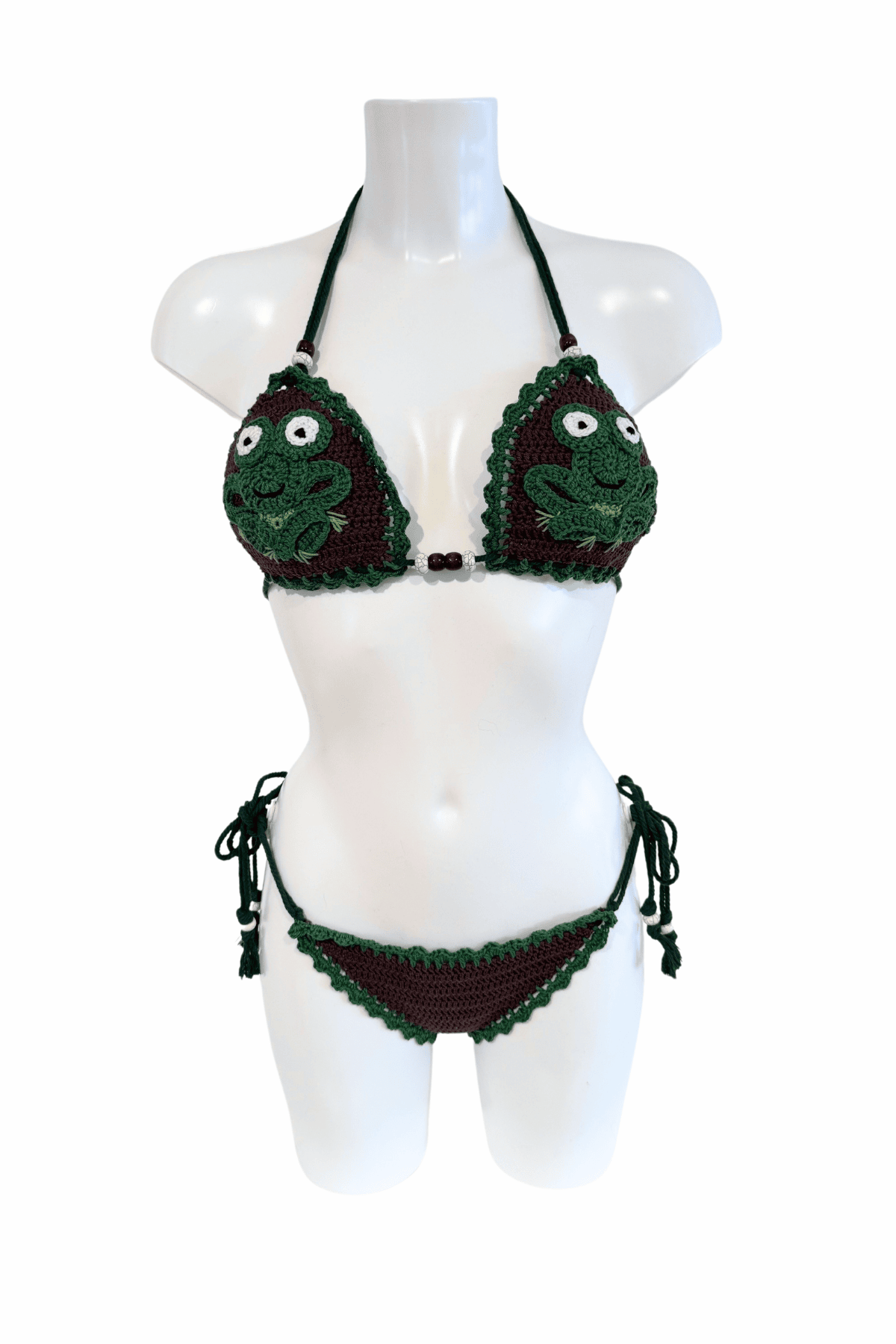 Brown Green Frog luxury crochet bikini, designed and handmade in Switzerland by RA LIVING – exclusive designer beachwear and swimwear for a stylish summer look.