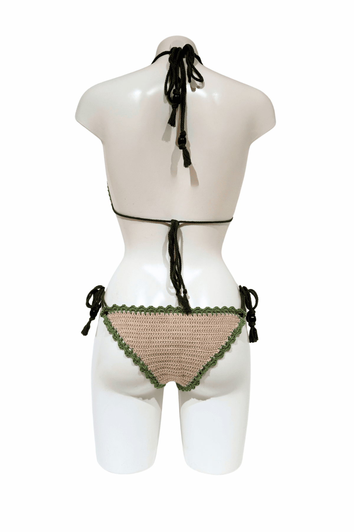 Green Beige Plant luxury crochet bikini, designed and handmade in Switzerland by RA LIVING – exclusive designer beachwear and swimwear for a stylish summer look.