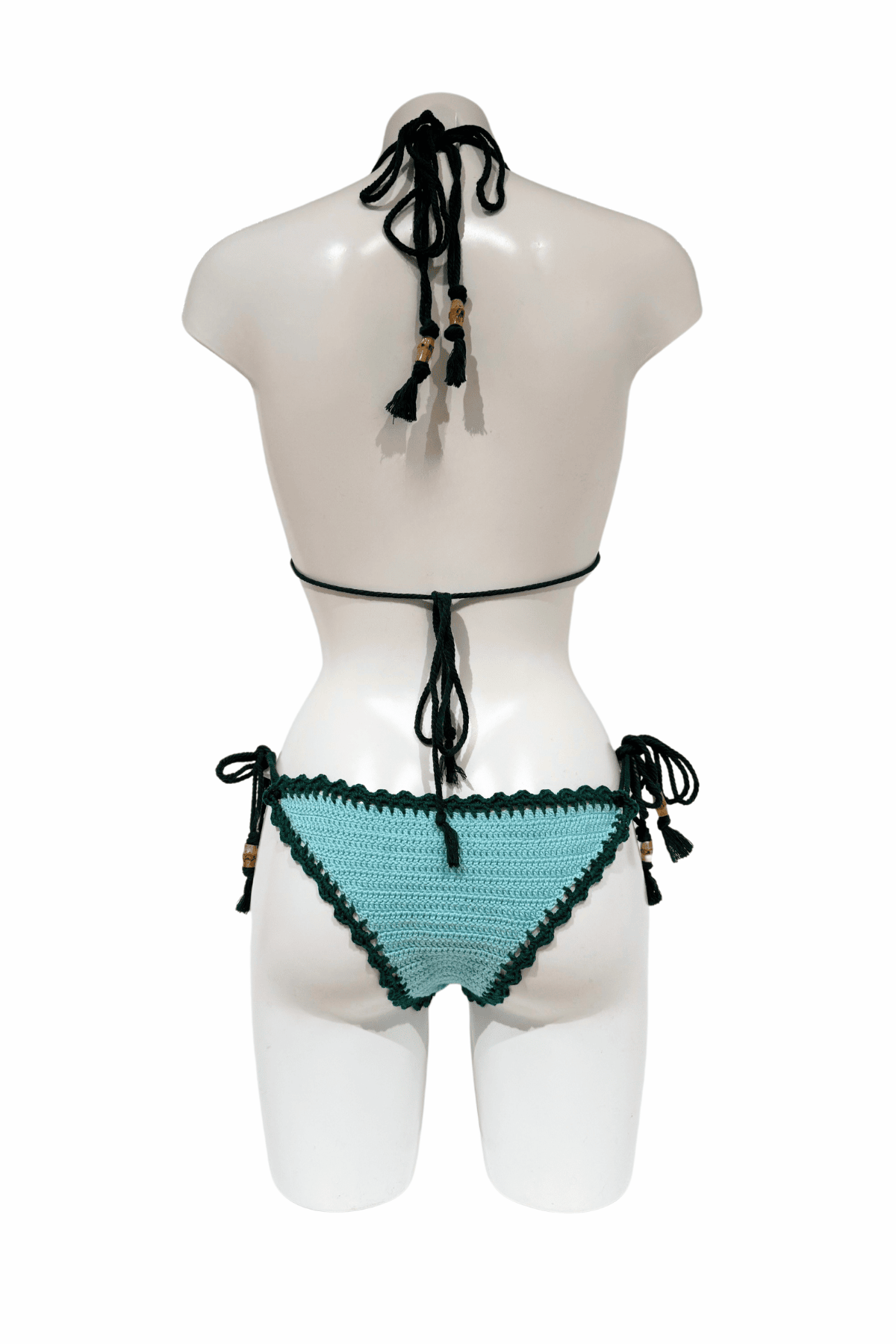 Blue Green Palm Tree luxury crochet bikini, designed and handmade in Switzerland by RA LIVING – exclusive designer beachwear and swimwear for a stylish summer look.