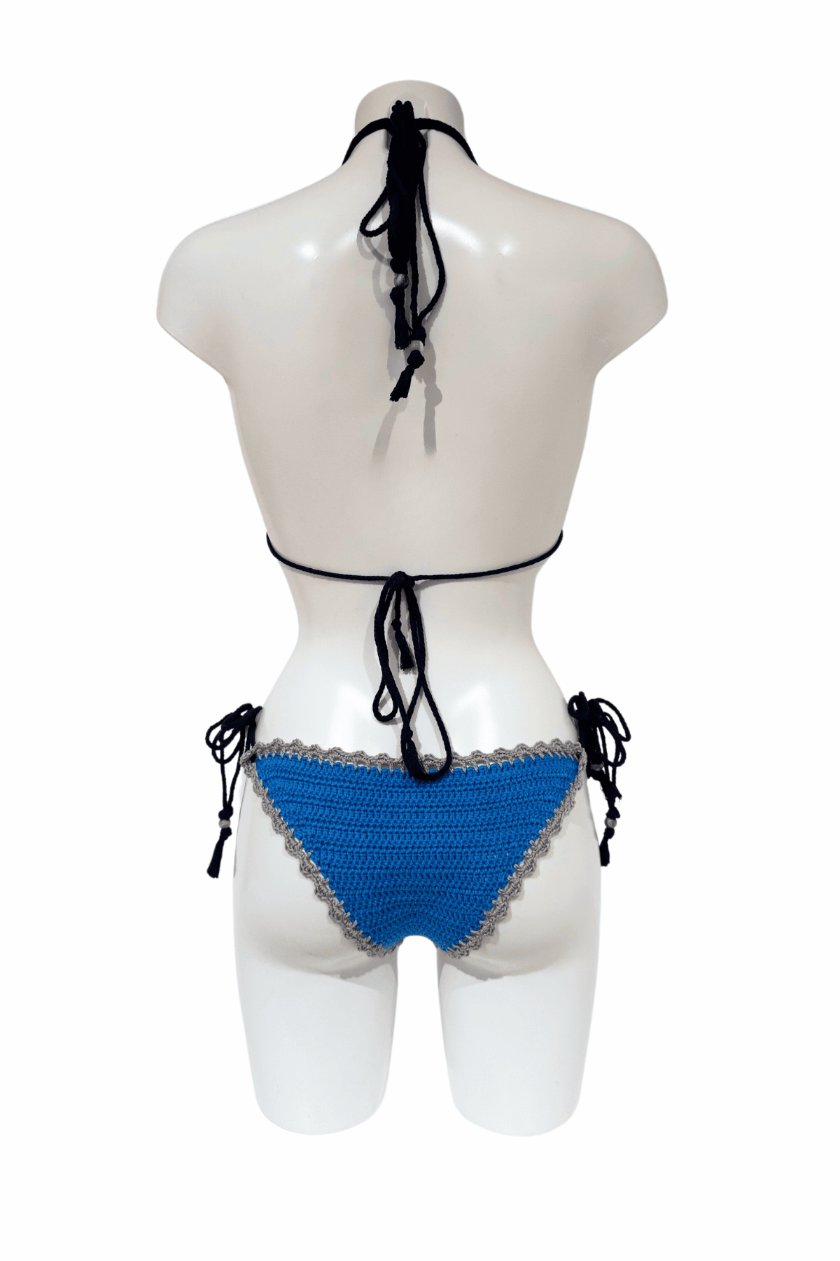 Blue Grey Dots luxury crochet bikini, designed and handmade in Switzerland by RA LIVING – exclusive designer beachwear and swimwear for a stylish summer look.