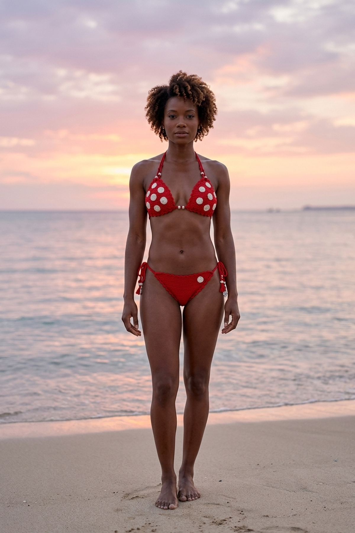 Yachting crochet bikini on a model, front view - RA LIVING, handmade in Switzerland