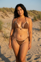 Coffee Now crochet bikini on a curvy model, front view - RA LIVING, handmade in Switzerland