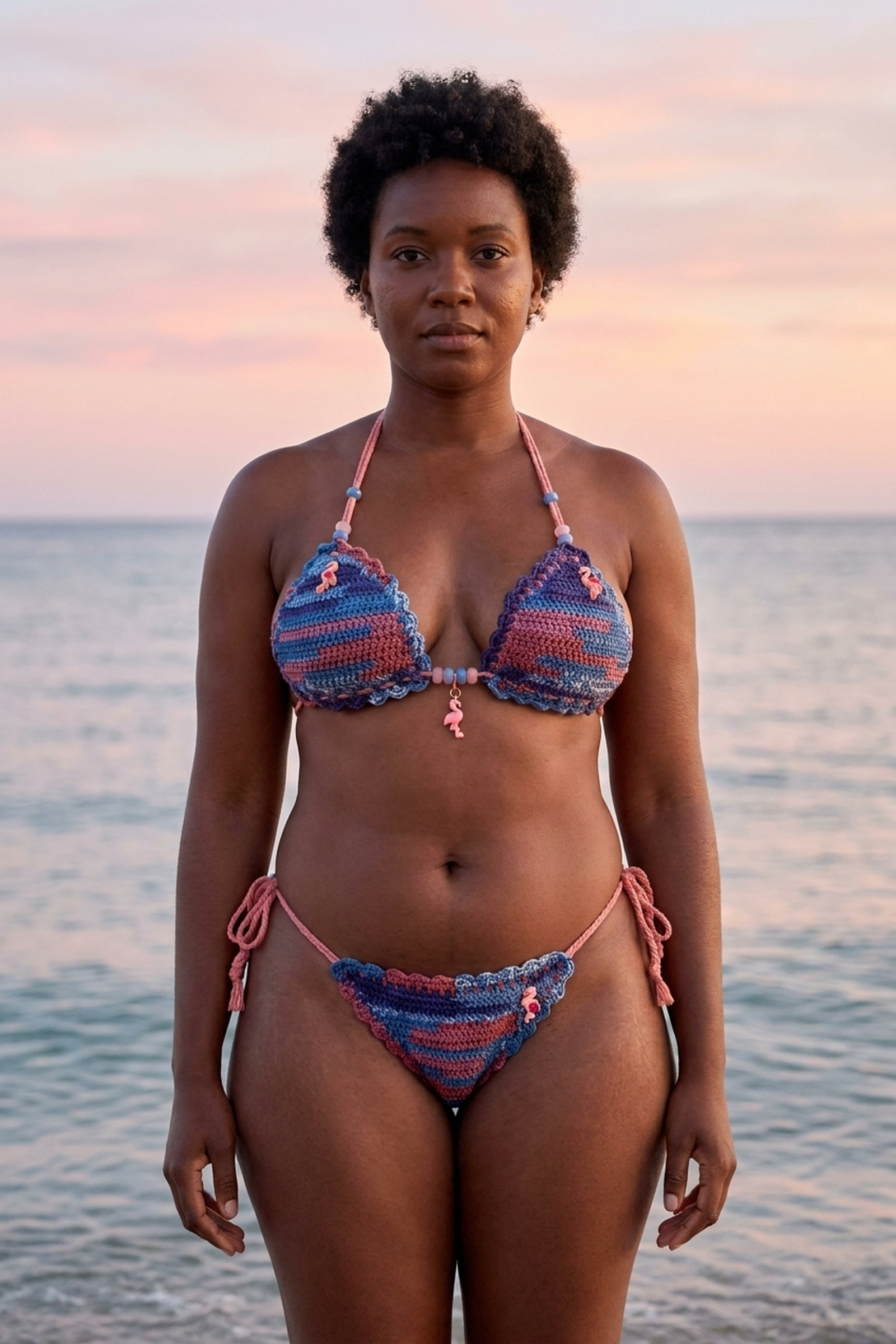 Falmingo Oho crochet bikini on a curvy model, front view - RA LIVING, handmade in Switzerland