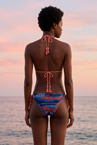 Falmingo Oho crochet bikini on model, back view - RA LIVING, handmade in Switzerland