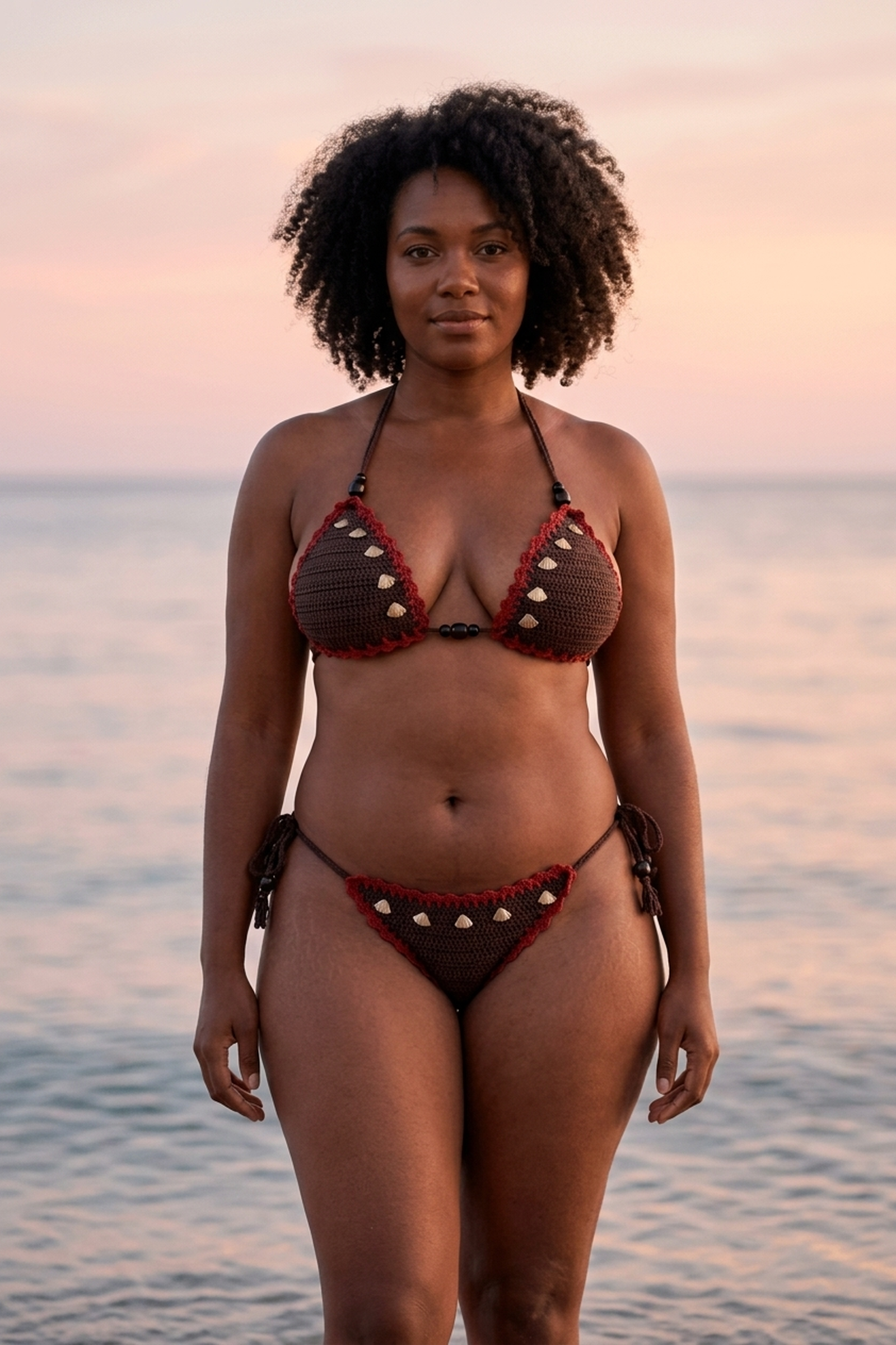 Golden Girl crochet bikini on a curvy model, front view - RA LIVING, handmade in Switzerland