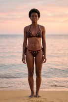 Golden Girl crochet bikini on model, front view - RA LIVING, handmade in Switzerland