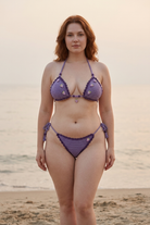 Grape Minds crochet bikini on a curvy model, front view - RA LIVING, handmade in Switzerland