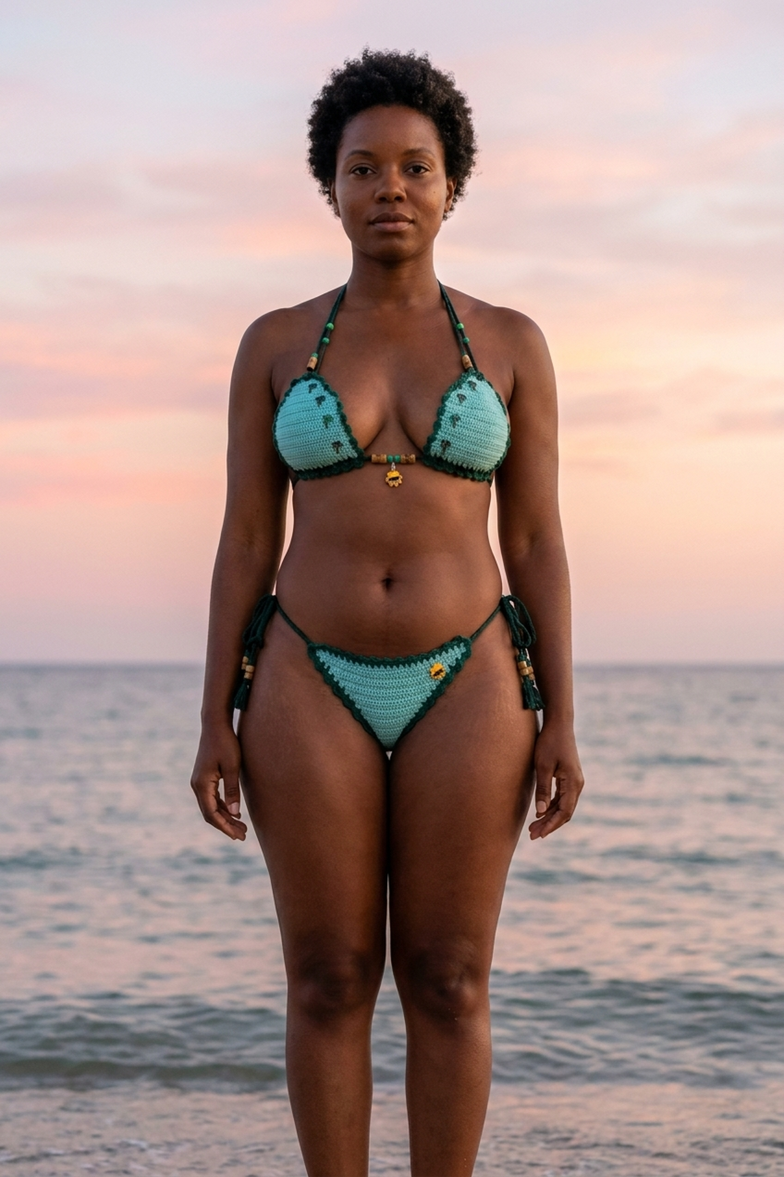 Holidays crochet bikini on a curvy model, front view - RA LIVING, handmade in Switzerland