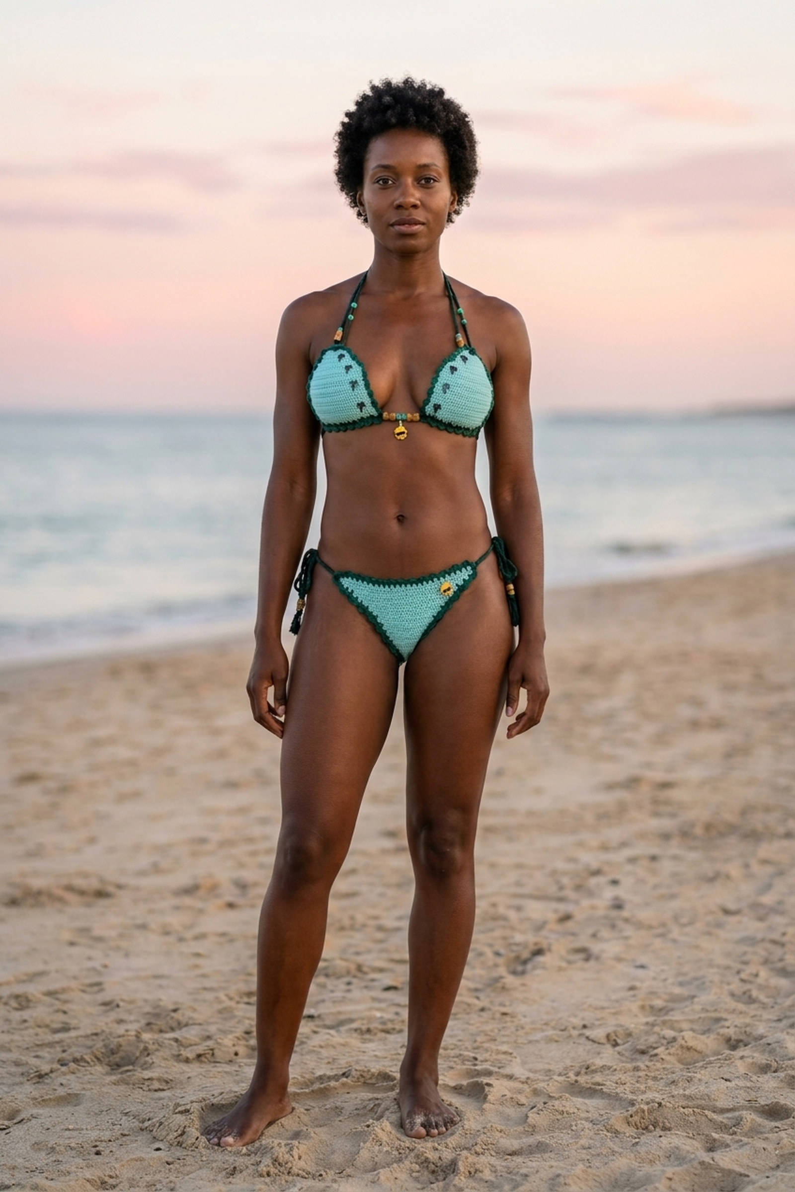 Holidays crochet bikini on model, front view - RA LIVING, handmade in Switzerland