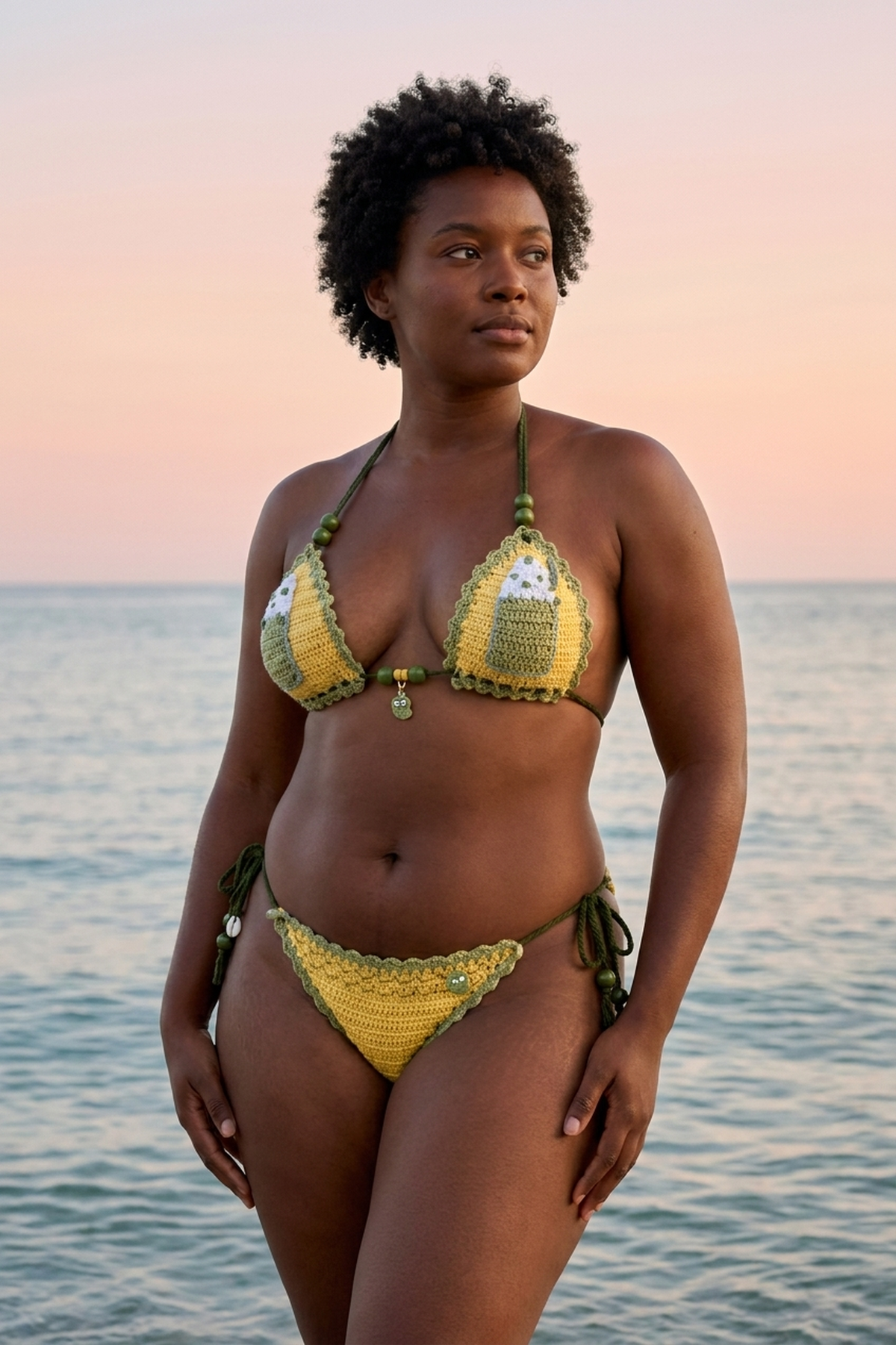 Iced Matcha crochet bikini on a curvy model, front view - RA LIVING, handmade in Switzerland