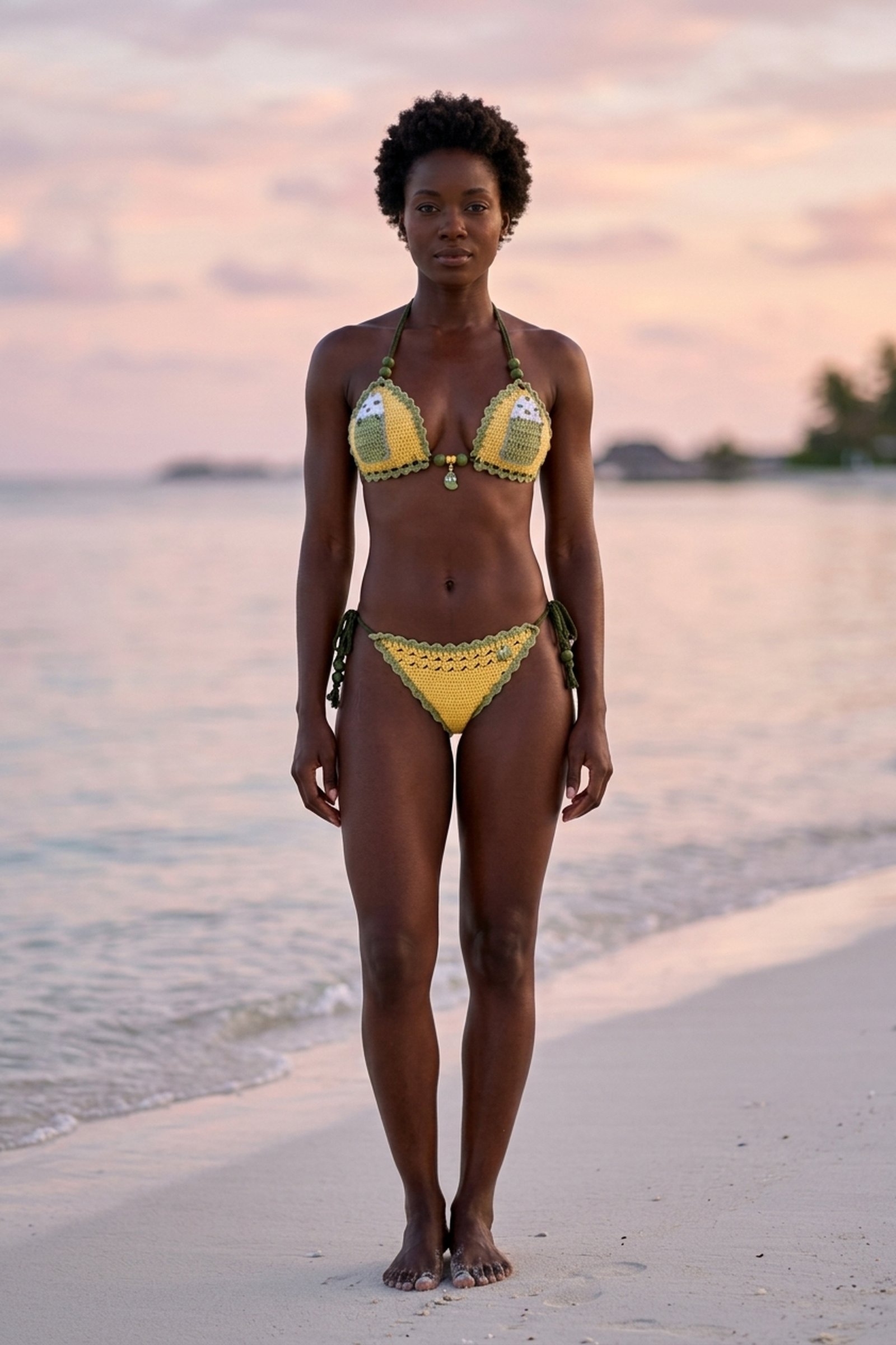 Iced Matcha crochet bikini on model, front view - RA LIVING, handmade in Switzerland