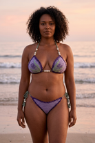 Lavender crochet bikini on a curvy model, front view - RA LIVING, handmade in Switzerland