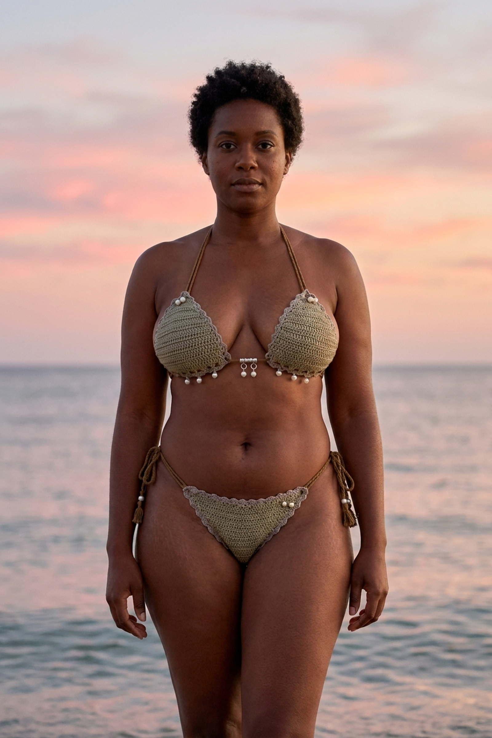Magic Pearls crochet bikini on a curvy model, front view - RA LIVING, handmade in Switzerland
