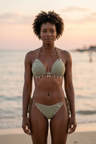 Magic Pearls crochet bikini on model, front view - RA LIVING, handmade in Switzerland