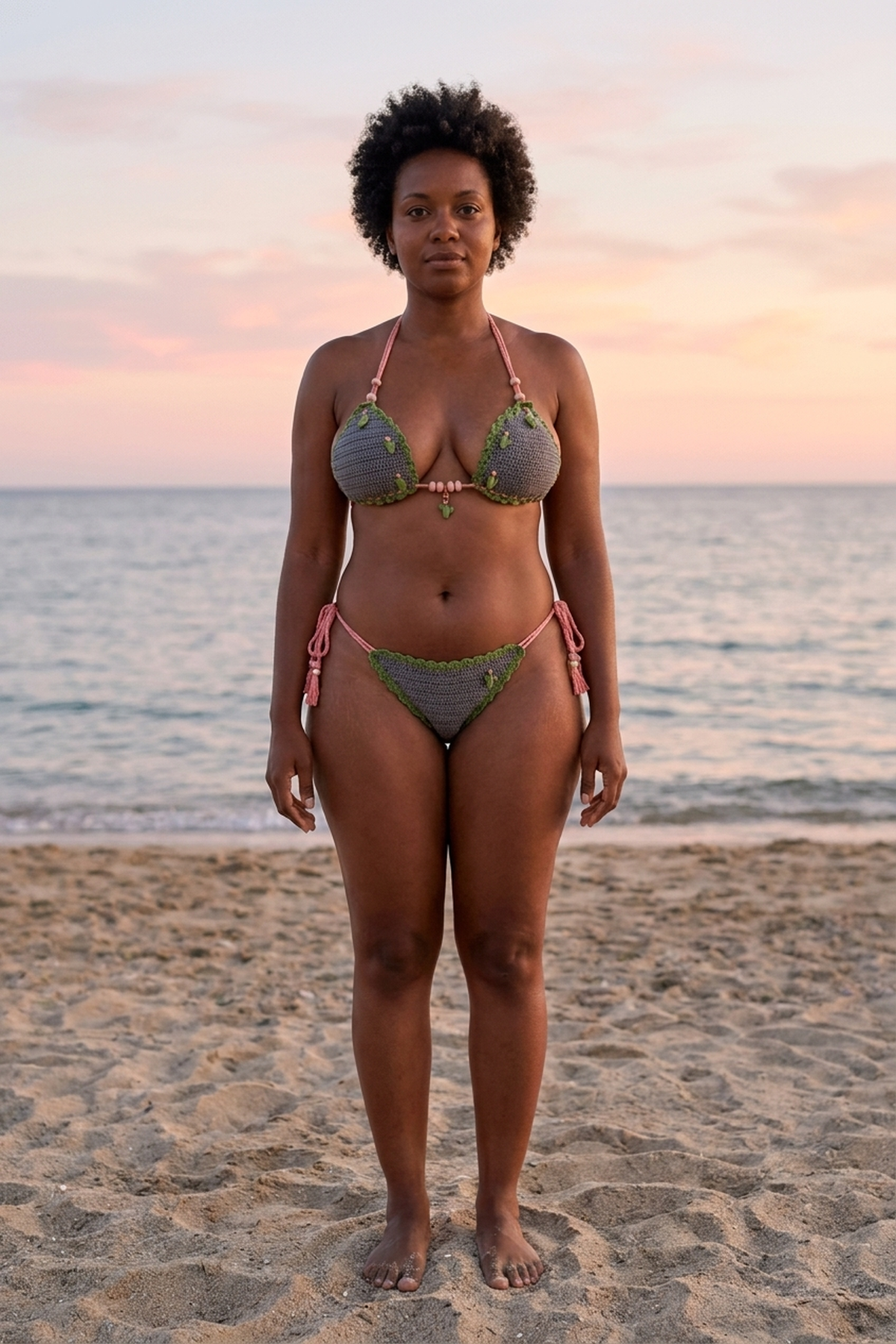 Miami Time crochet bikini on a curvy model, front view - RA LIVING, handmade in Switzerland