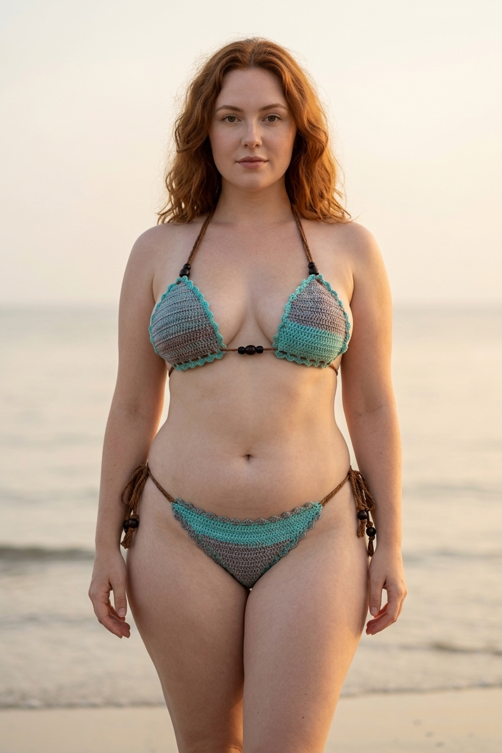 Minty Vibes crochet bikini on a curvy model, front view - RA LIVING, handmade in Switzerland