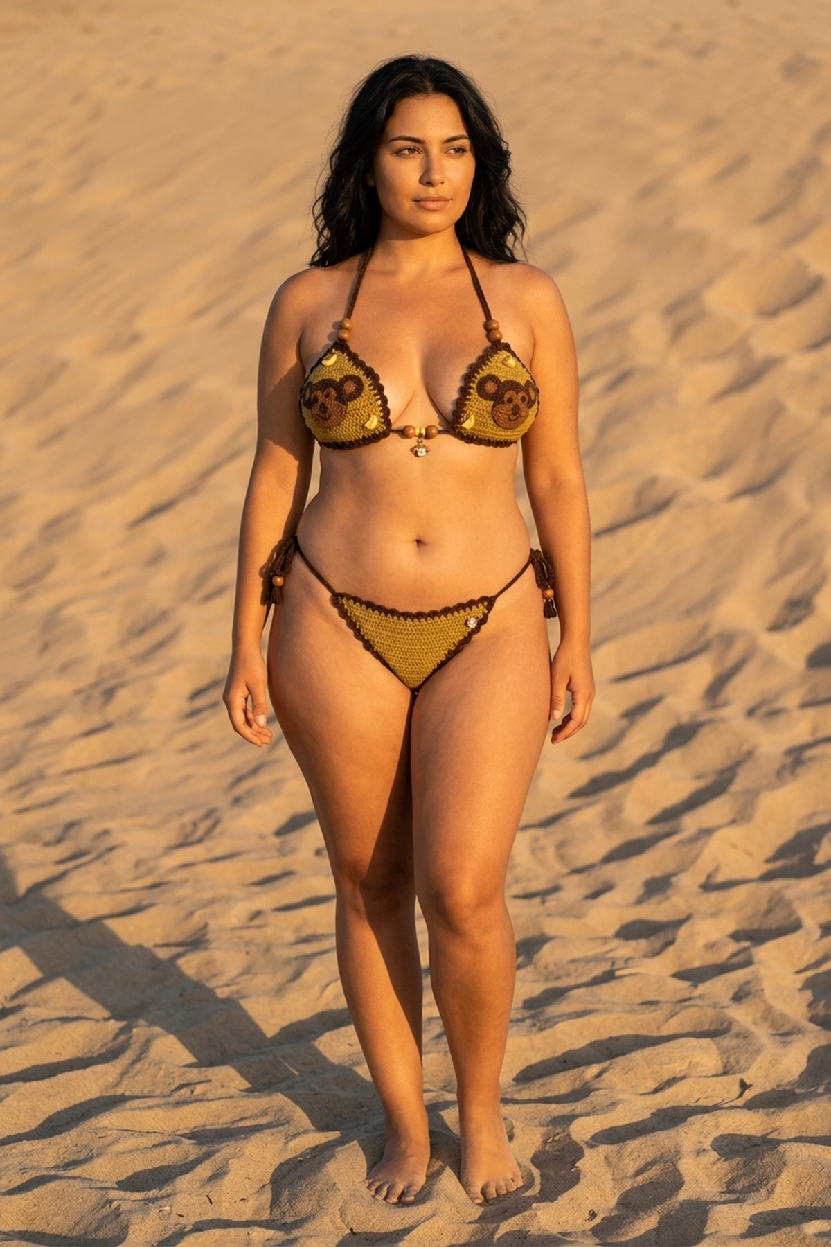 Monkeys crochet bikini on a curvy model, front view - RA LIVING, handmade in Switzerland